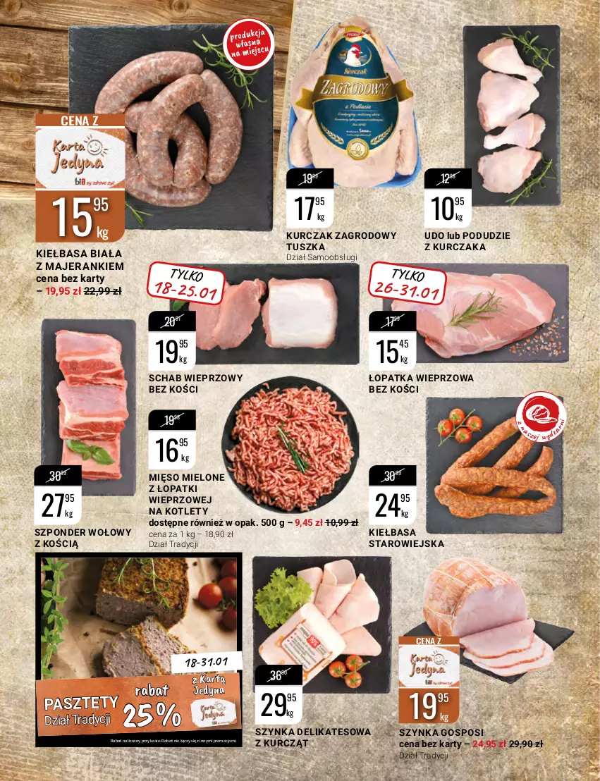 Gazetka promocyjna Bi1 - MegaPaki - ważna 18.01 do 31.01.2023 - strona 8 - produkty: Kiełbasa, Kiełbasa biała, Kotlet, Kurczak, Mięso, Mięso mielone, Mięso mielone z łopatki wieprzowej, Pasztet, Podudzie z kurczaka, Schab wieprzowy, Szponder wołowy, Szynka, Szynka delikatesowa, Tusz