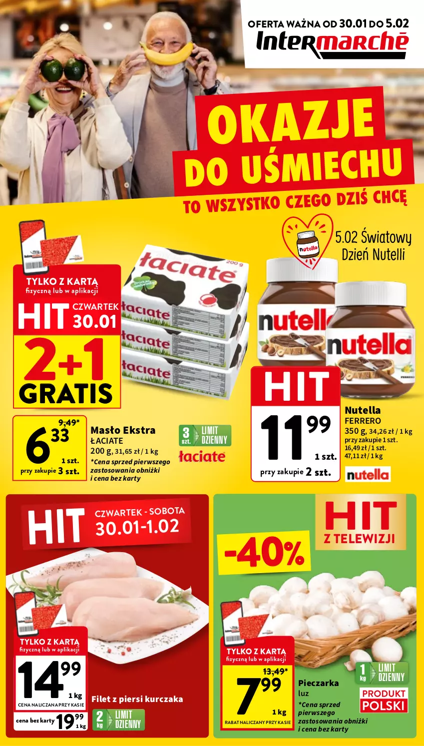 Gazetka promocyjna Intermarche - Gazetka Intermarche - ważna 30.01 do 05.02.2025 - strona 1 - produkty: Ferrero, Filet z piersi kurczaka, Gra, Kurczak, Masło, Miecz, Nutella, Piec, Pieczarka