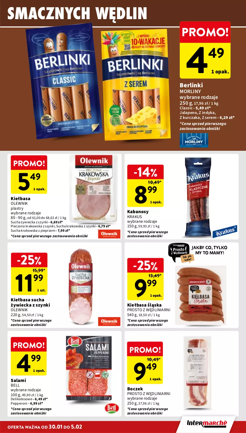 Gazetka promocyjna Intermarche - Gazetka Intermarche - ważna 30.01 do 05.02.2025 - strona 15 - produkty: Bell, Berlinki, Boczek, Kabanos, Kiełbasa, Kiełbasa śląska, Krakus, Kurczak, Morliny, Olewnik, Piec, Pieprz, Salami, Ser