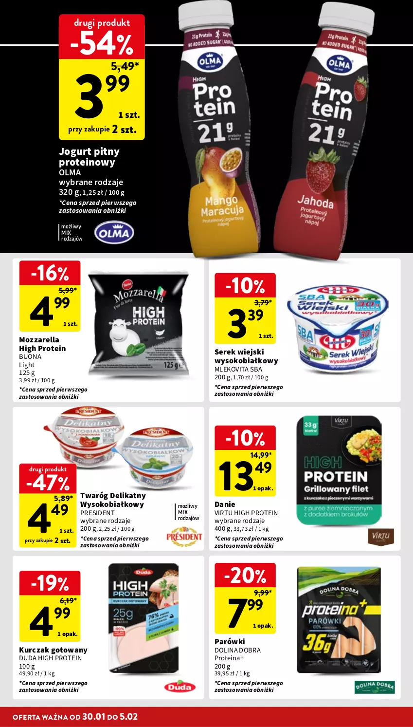 Gazetka promocyjna Intermarche - Gazetka Intermarche - ważna 30.01 do 05.02.2025 - strona 22 - produkty: Duda, Jogurt, Jogurt pitny, Kurczak, Kurczak gotowany, Mleko, Mlekovita, Mozzarella, Olma, Parówki, Ser, Serek, Serek wiejski, Sok, Twaróg, Twaróg delikatny, Virtu