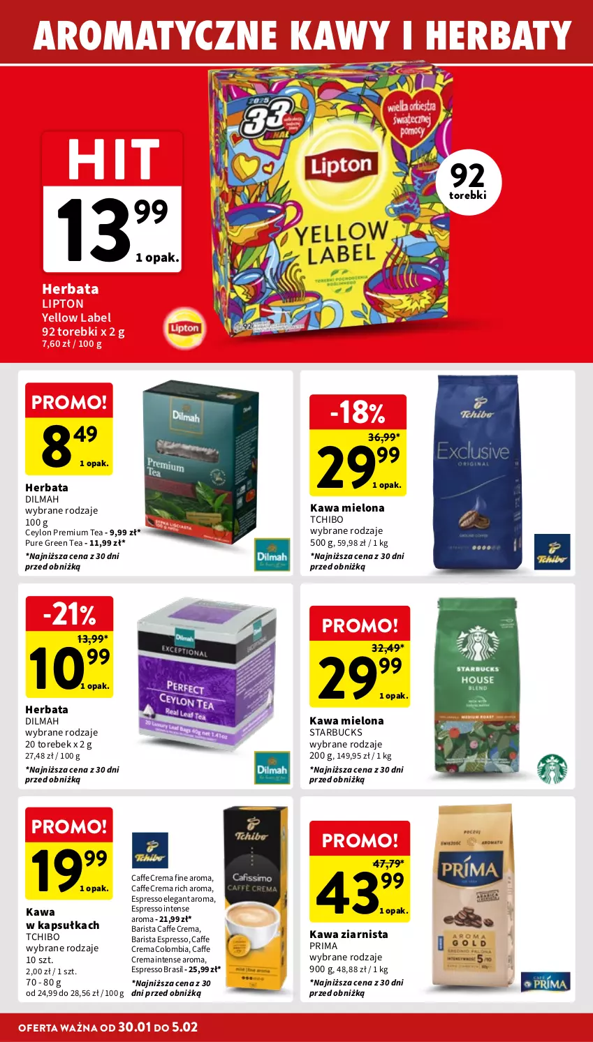 Gazetka promocyjna Intermarche - Gazetka Intermarche - ważna 30.01 do 05.02.2025 - strona 28 - produkty: Dilmah, Herbata, Kawa, Kawa mielona, Kawa ziarnista, Lipton, Prima, Pur, Tchibo