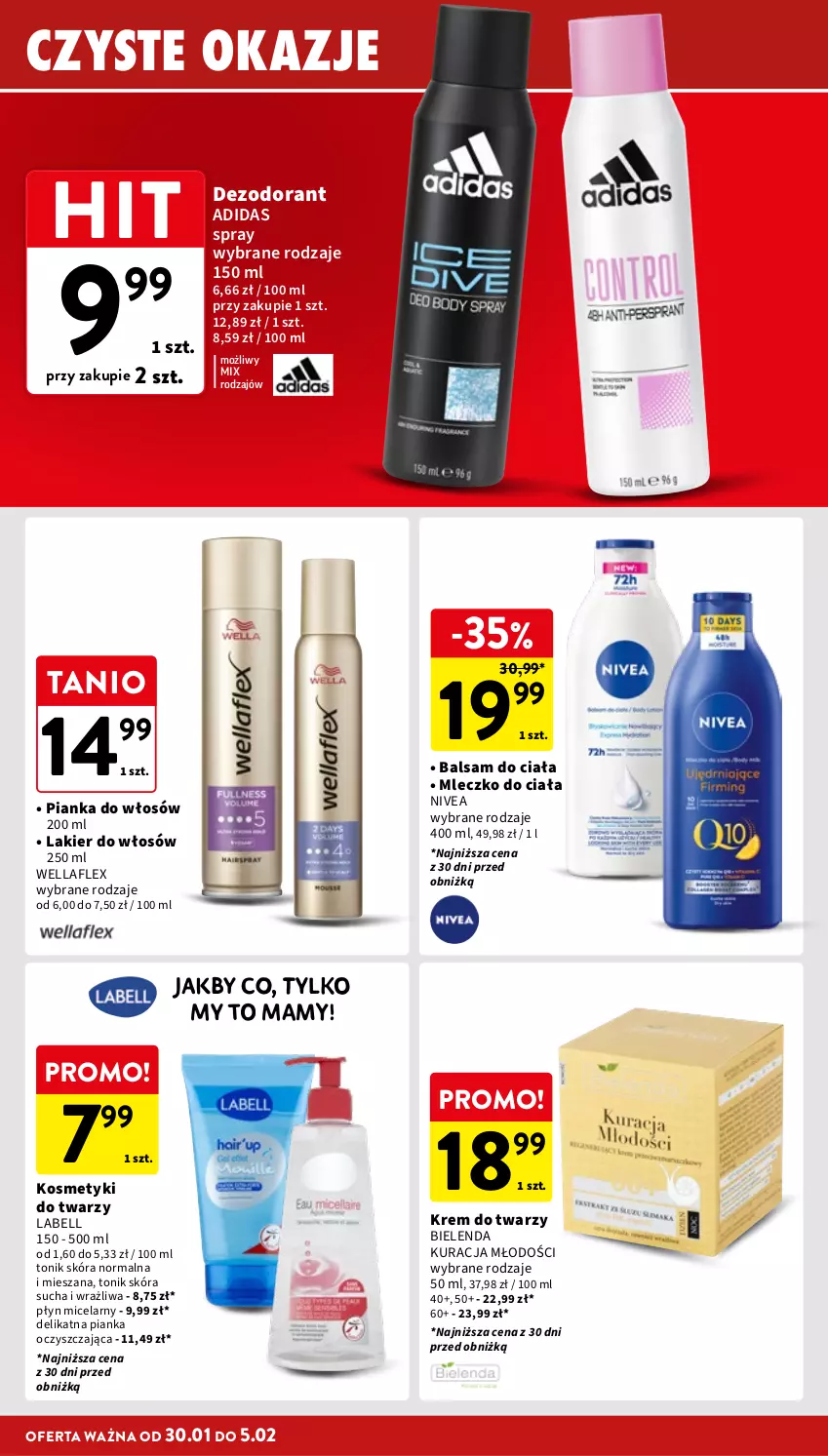 Gazetka promocyjna Intermarche - Gazetka Intermarche - ważna 30.01 do 05.02.2025 - strona 34 - produkty: Adidas, Balsam do ciała, Bell, Bielenda, Dezodorant, Krem do twarzy, Lakier, Lakier do włosów, Mleczko, Mleczko do ciała, Nivea, Pianka do włosów, Płyn micelarny, Tonik, Wella, Wellaflex