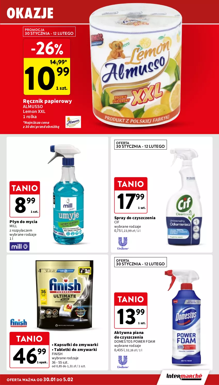 Gazetka promocyjna Intermarche - Gazetka Intermarche - ważna 30.01 do 05.02.2025 - strona 37 - produkty: Cif, Domestos, Finish, Mus, Papier, Płyn do mycia, Ręcznik, Spray do czyszczenia, Tablet, Tabletki do zmywarki, Zmywarki