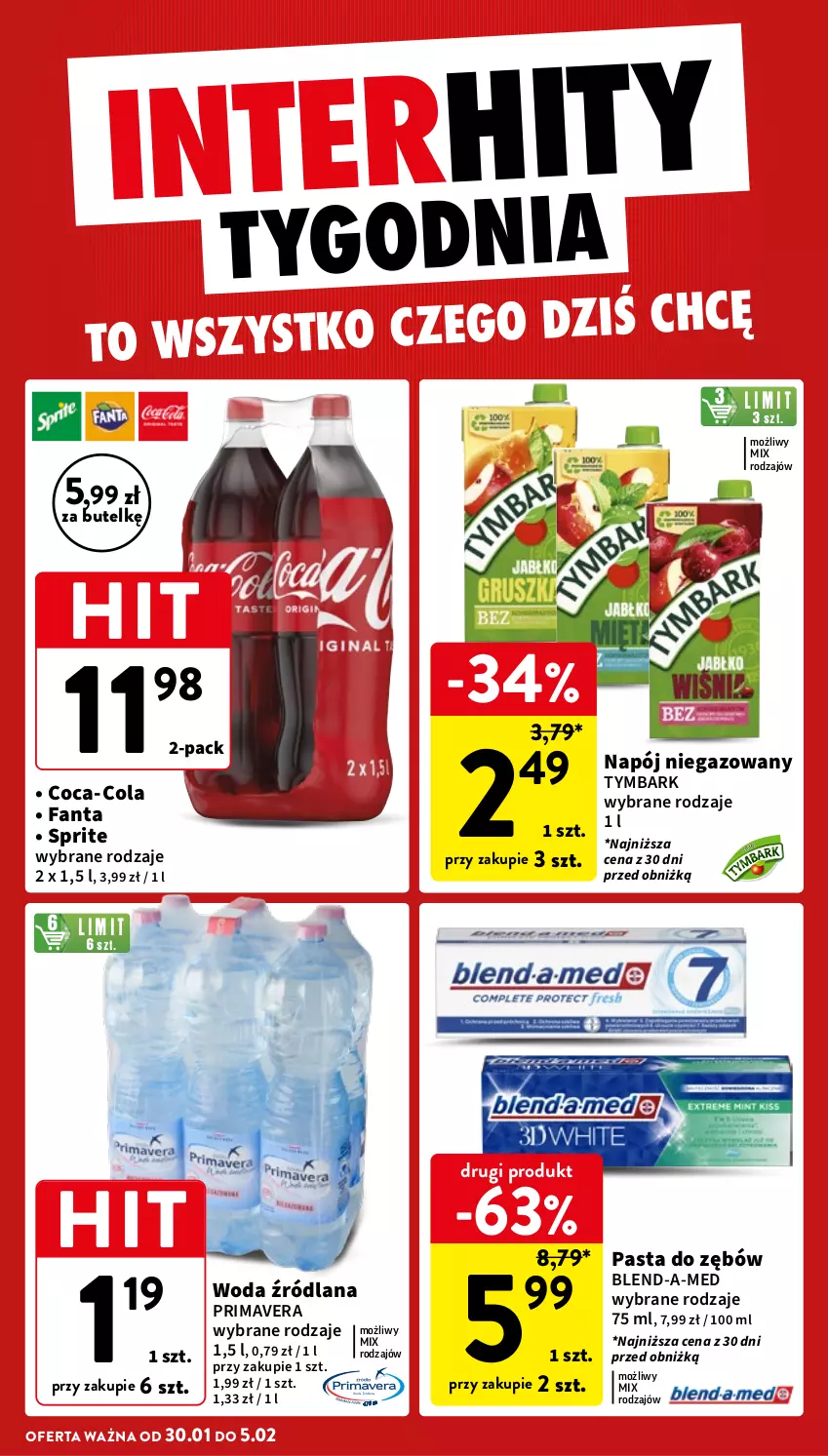 Gazetka promocyjna Intermarche - Gazetka Intermarche - ważna 30.01 do 05.02.2025 - strona 6 - produkty: Blend-a-Med, Coca-Cola, Fa, Fanta, LANA, Napój, Napój niegazowany, Pasta do zębów, Prima, Primavera, Sprite, Tymbark, Woda