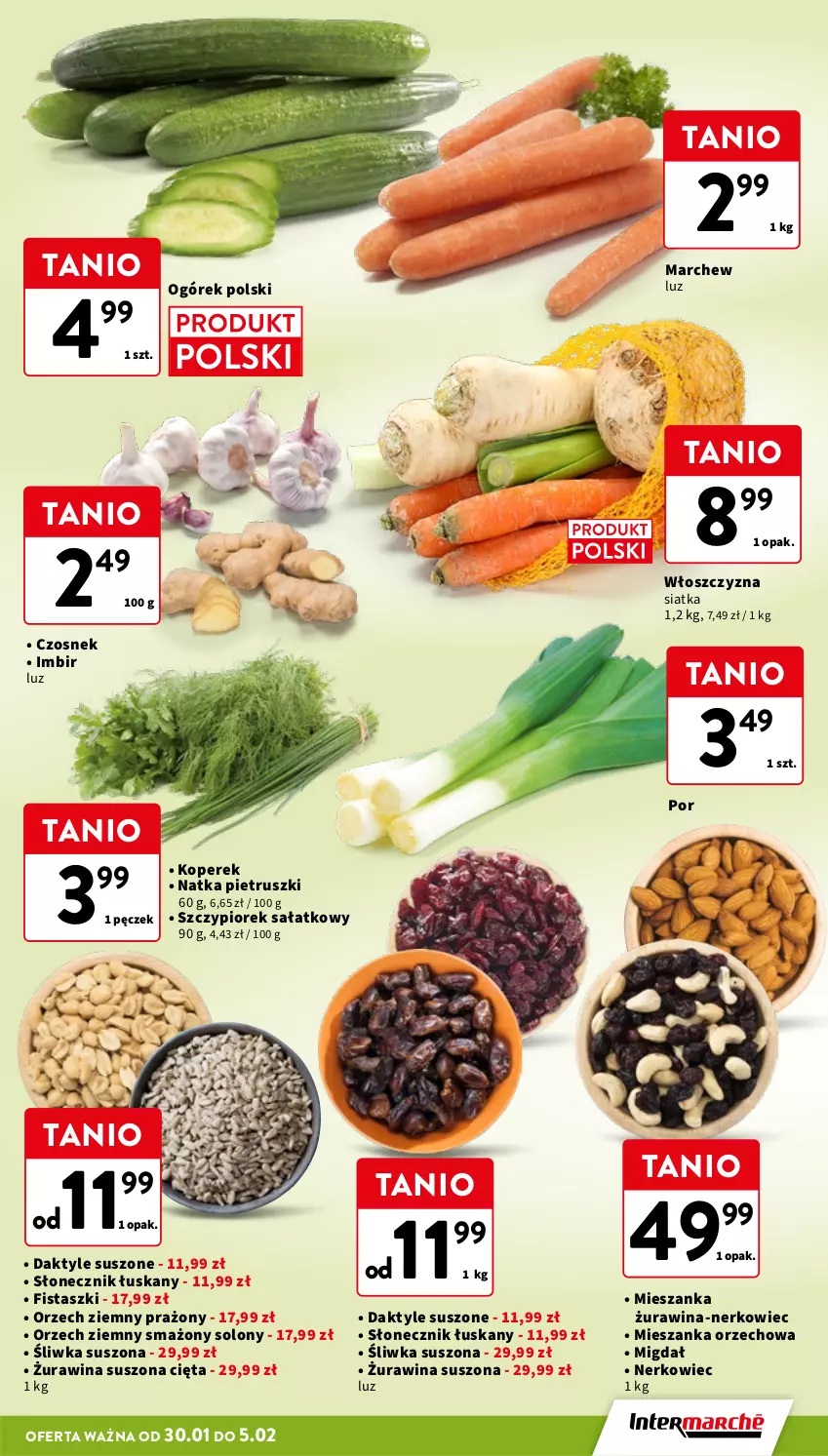 Gazetka promocyjna Intermarche - Gazetka Intermarche - ważna 30.01 do 05.02.2025 - strona 9 - produkty: Czosnek, Daktyle, Imbir, Mieszanka orzechowa, Natka pietruszki, Ogórek, Owoce, Por, Sałat, Siatka, Warzywa