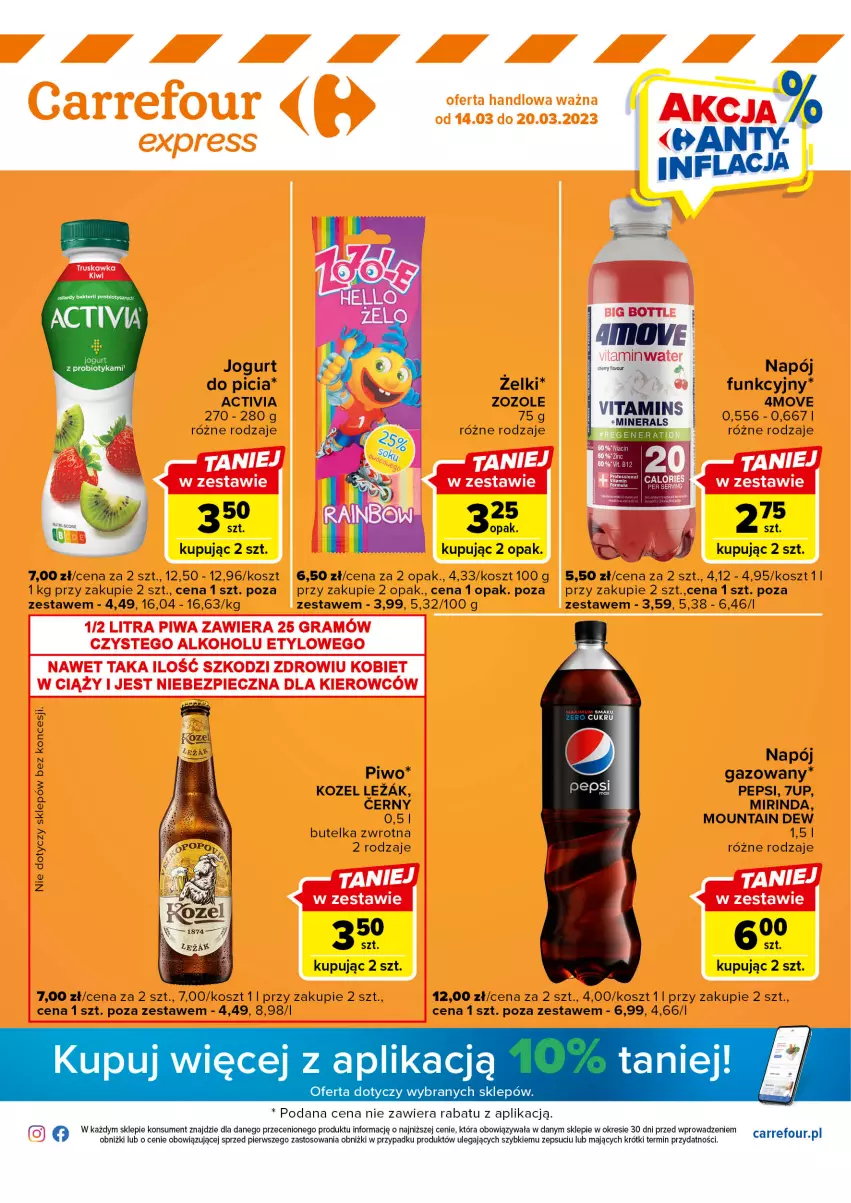 Gazetka promocyjna Carrefour - Gazetka Express - ważna 14.03 do 20.03.2023 - strona 1 - produkty: 7up, Activia, Jogurt, Kosz, Kozel, Mirinda, Napój, Pepsi, Piwo