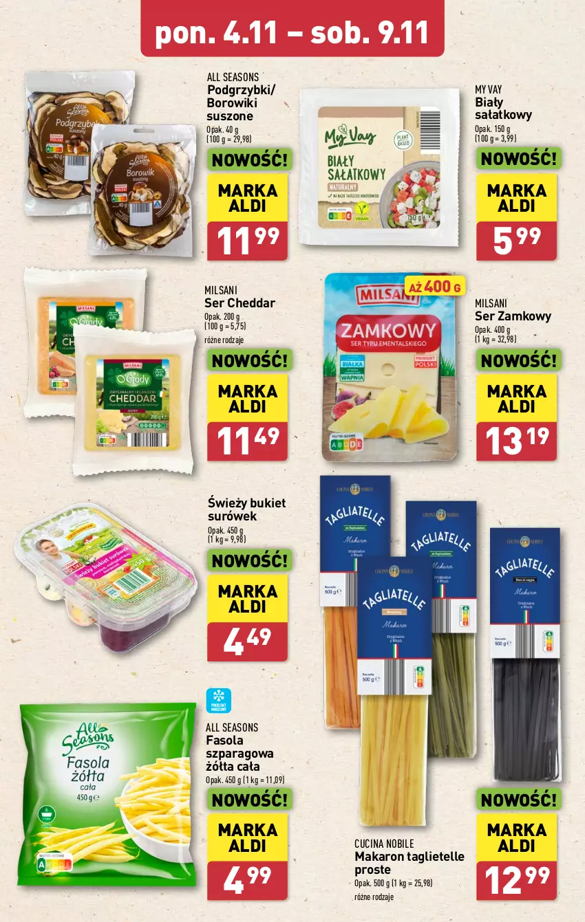 Gazetka promocyjna Aldi - Pełna oferta - ważna 04.11 do 09.11.2024 - strona 7 - produkty: All Seasons, Borowiki, Bukiet, Cheddar, Fa, Fasola, Fasola szparagowa, Makaron, Podgrzybki, Sałat, Ser