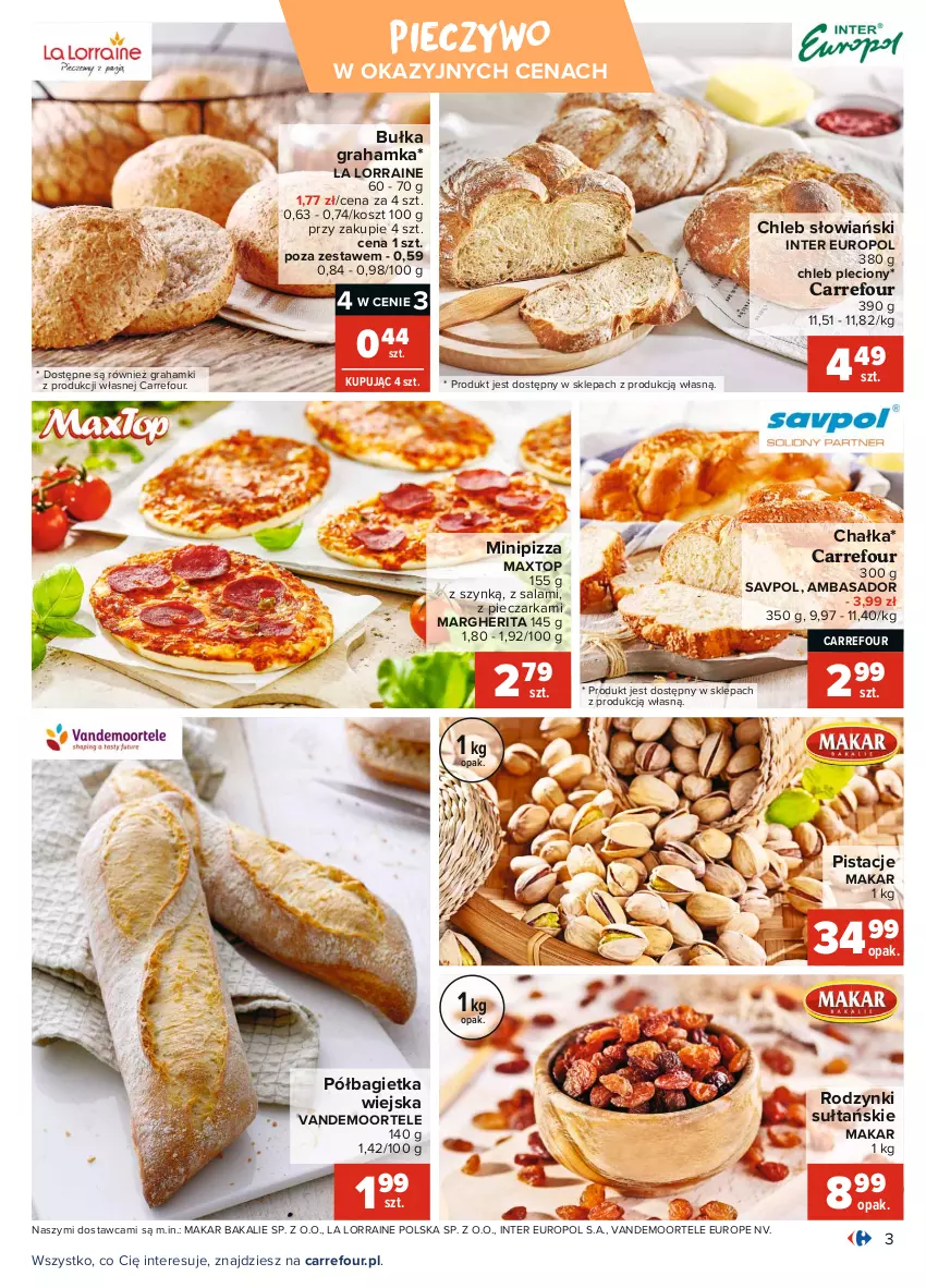 Gazetka promocyjna Carrefour - Gazetka Targi świeżości - ważna 30.08 do 06.09.2021 - strona 3 - produkty: Bagietka, Bułka, Bułka grahamka, Chleb, Gra, Kosz, Piec, Pieczarka, Pieczywo, Pistacje, Pizza, Półbagietka, Rodzynki, Salami, Top