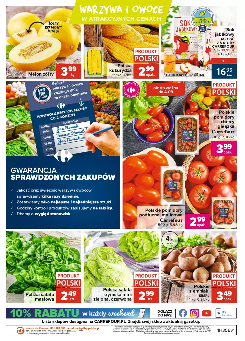 Gazetka promocyjna Carrefour - Gazetka Targi świeżości - ważna 30.08 do 06.09.2021 - strona 4 - produkty: Kukurydza, Masło, Melon, O nas, Owoce, Pomidory, Sałat, Sałata masłowa, Sok, Sok jabłkowy, Warzywa, Warzywa i owoce, Ziemniaki