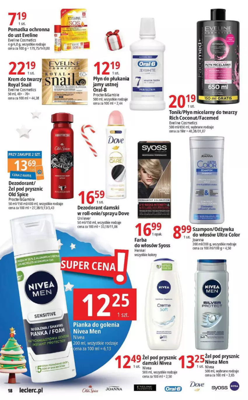 Gazetka promocyjna E Leclerc - ważna 05.12 do 17.12.2023 - strona 10 - produkty: Dezodorant, Dove, Eveline, Fa, Joanna, Krem do twarzy, Nivea, Odżywka, Old Spice, Pianka do golenia, Płyn do płukania, Płyn micelarny, Sos, Szampon, Tonik