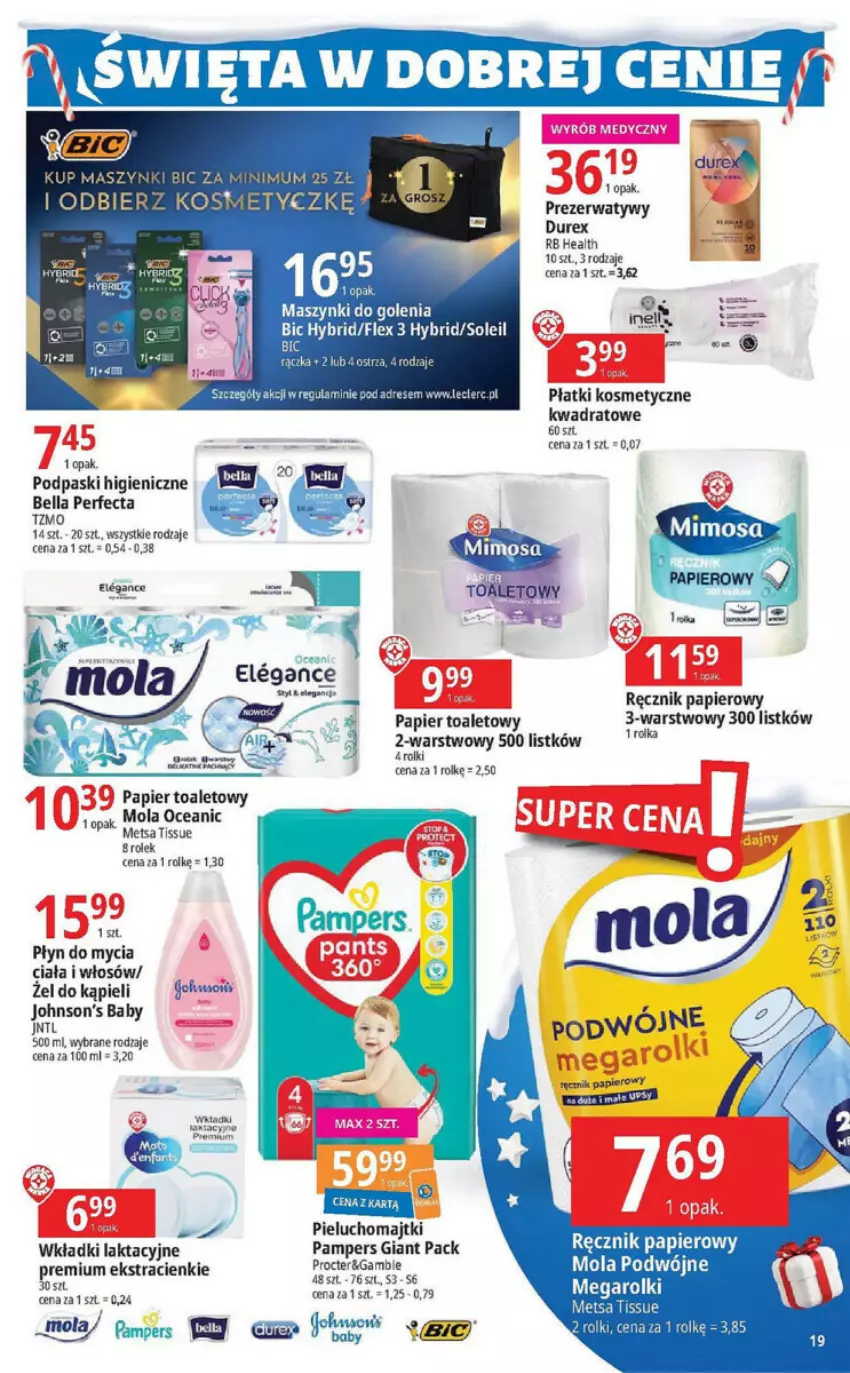 Gazetka promocyjna E Leclerc - ważna 05.12 do 17.12.2023 - strona 11 - produkty: Bell, Bella, Durex, Johnson's, Johnson's Baby, Mola, Papier, Papier toaletowy, Perfecta, Płatki kosmetyczne, Płyn do mycia, Podpaski, Prezerwatyw, Ręcznik, Rolki, Sos, Wkładki