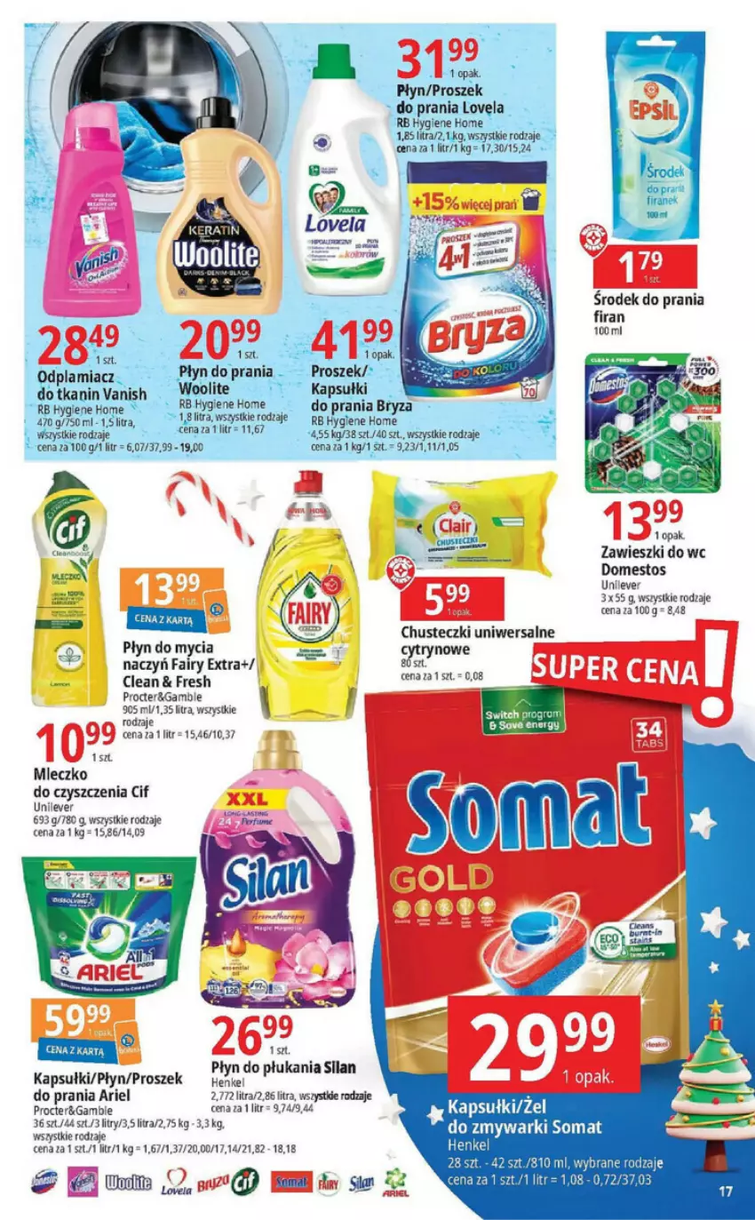 Gazetka promocyjna E Leclerc - ważna 05.12 do 17.12.2023 - strona 9 - produkty: Ariel, Bryza, Chusteczki, Cif, Domestos, Fa, Fairy, Lovela, Mleczko, Odplamiacz, Płyn do mycia, Silan, Tera, Woolite, Zawieszki