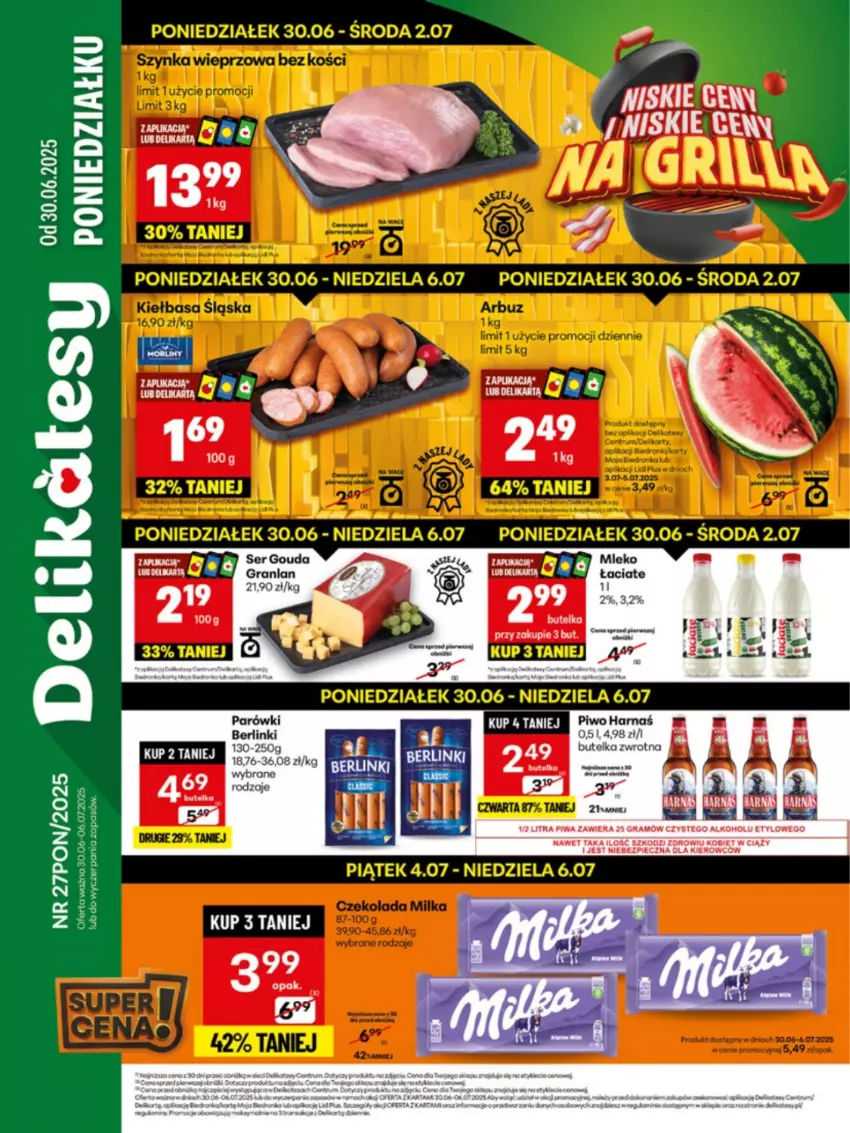 Gazetka promocyjna Delikatesy Centrum - Franczyza DC27 Poniedziałek - ważna 30.06 do 06.07.2025 - strona 1 - produkty: Berlinki, Gouda, Gra, Parówki, Piec, Piwa, Piwo, Ser