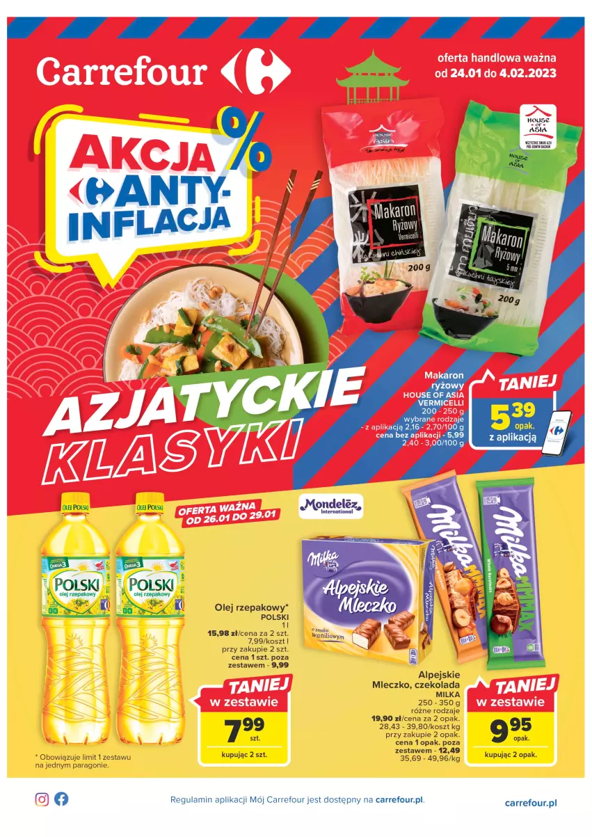 Gazetka promocyjna Carrefour - Gazetka Carrefour - ważna 24.01 do 04.02.2023 - strona 1 - produkty: Czekolada, House of Asia, Kosz, Milka, Mleczko, Olej, Olej rzepakowy