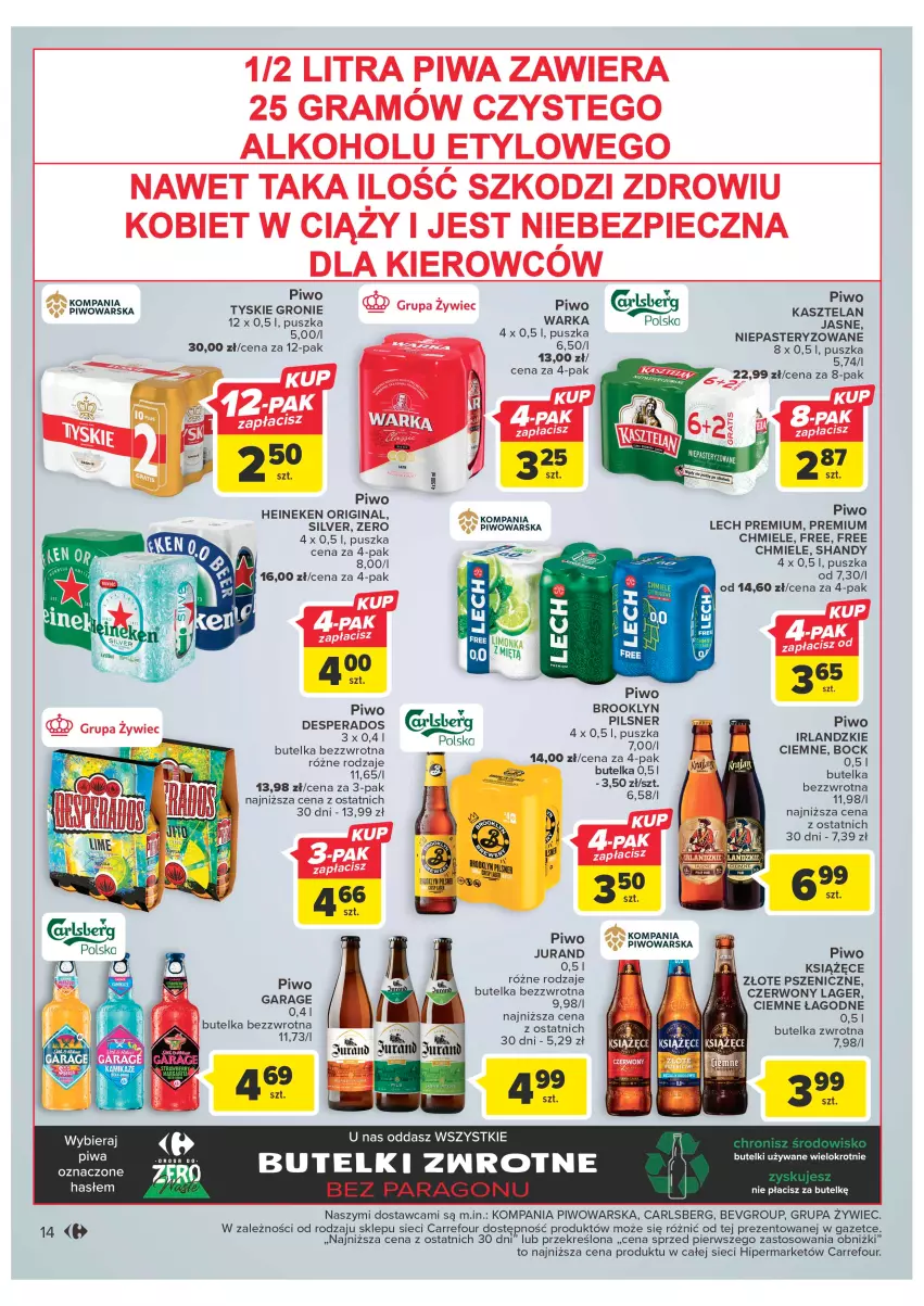 Gazetka promocyjna Carrefour - Gazetka Carrefour - ważna 24.01 do 04.02.2023 - strona 14 - produkty: Carlsberg, Desperados, Gin, Gra, Heineken, Kasztelan, Książęce, Lech Premium, Piec, Piwa, Piwo, Tyskie, Warka