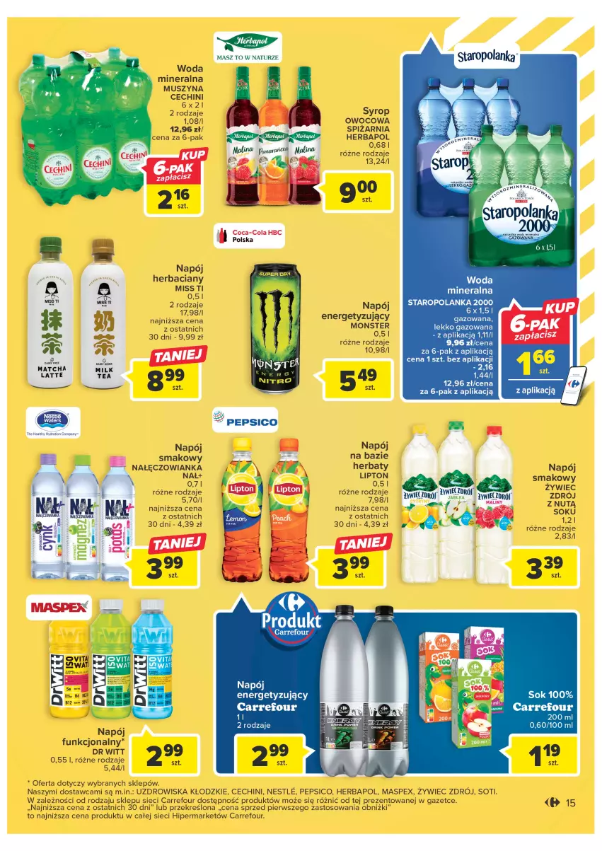 Gazetka promocyjna Carrefour - Gazetka Carrefour - ważna 24.01 do 04.02.2023 - strona 15 - produkty: Herbapol, Lipton, Mus, Nałęczowianka, Napój, Pepsi, Sok, Staropolanka, Syrop, Szyna, Woda, Woda mineralna