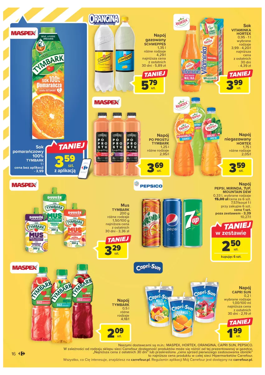 Gazetka promocyjna Carrefour - Gazetka Carrefour - ważna 24.01 do 04.02.2023 - strona 16 - produkty: 7up, Gin, Hortex, Inka, Kosz, Mirinda, Napój, Napój niegazowany, Pepsi, Schweppes, Sok, Tymbark