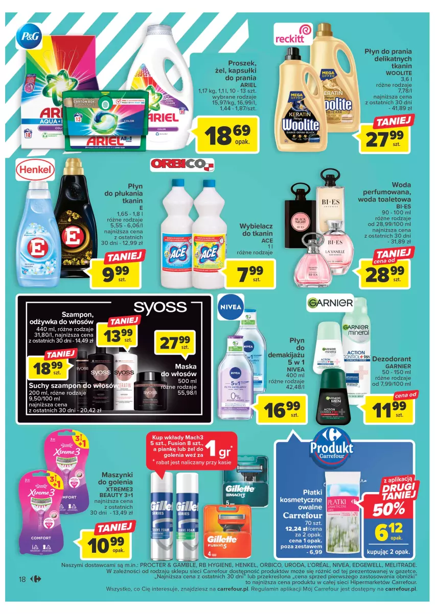 Gazetka promocyjna Carrefour - Gazetka Carrefour - ważna 24.01 do 04.02.2023 - strona 18 - produkty: Ariel, BIC, Dezodorant, Fusion, Kapsułki do prania, Lack, Mach3, Makijaż, Nivea, Odżywka, Perfum, Płyn do prania, Ser, Woda, Woolite