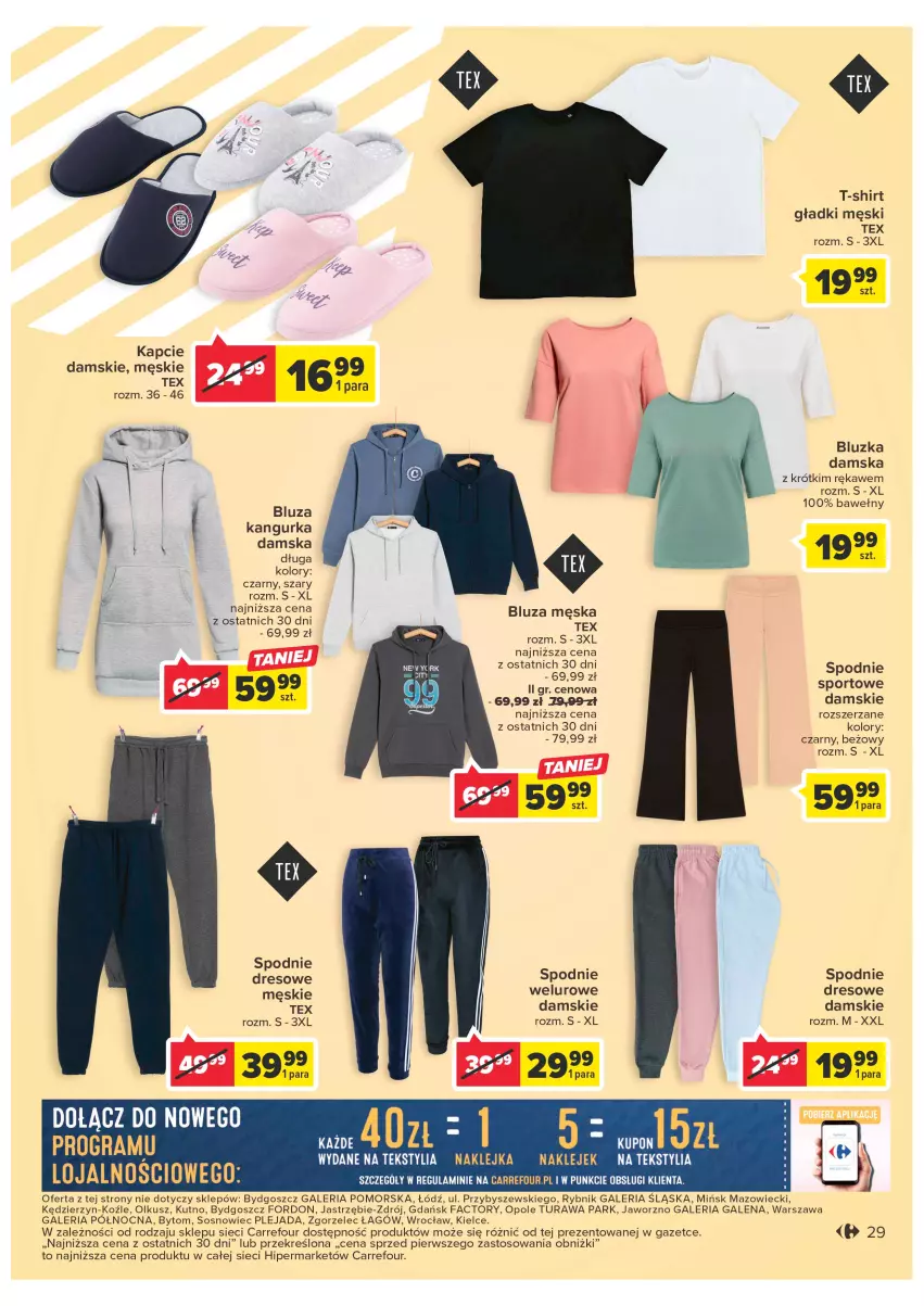 Gazetka promocyjna Carrefour - Gazetka Carrefour - ważna 24.01 do 04.02.2023 - strona 29 - produkty: Bluza, Dres, Fa, Kapcie, Klej, Por, Sos, Spodnie, Spodnie dresowe, Spodnie sportowe, Sport, T-shirt