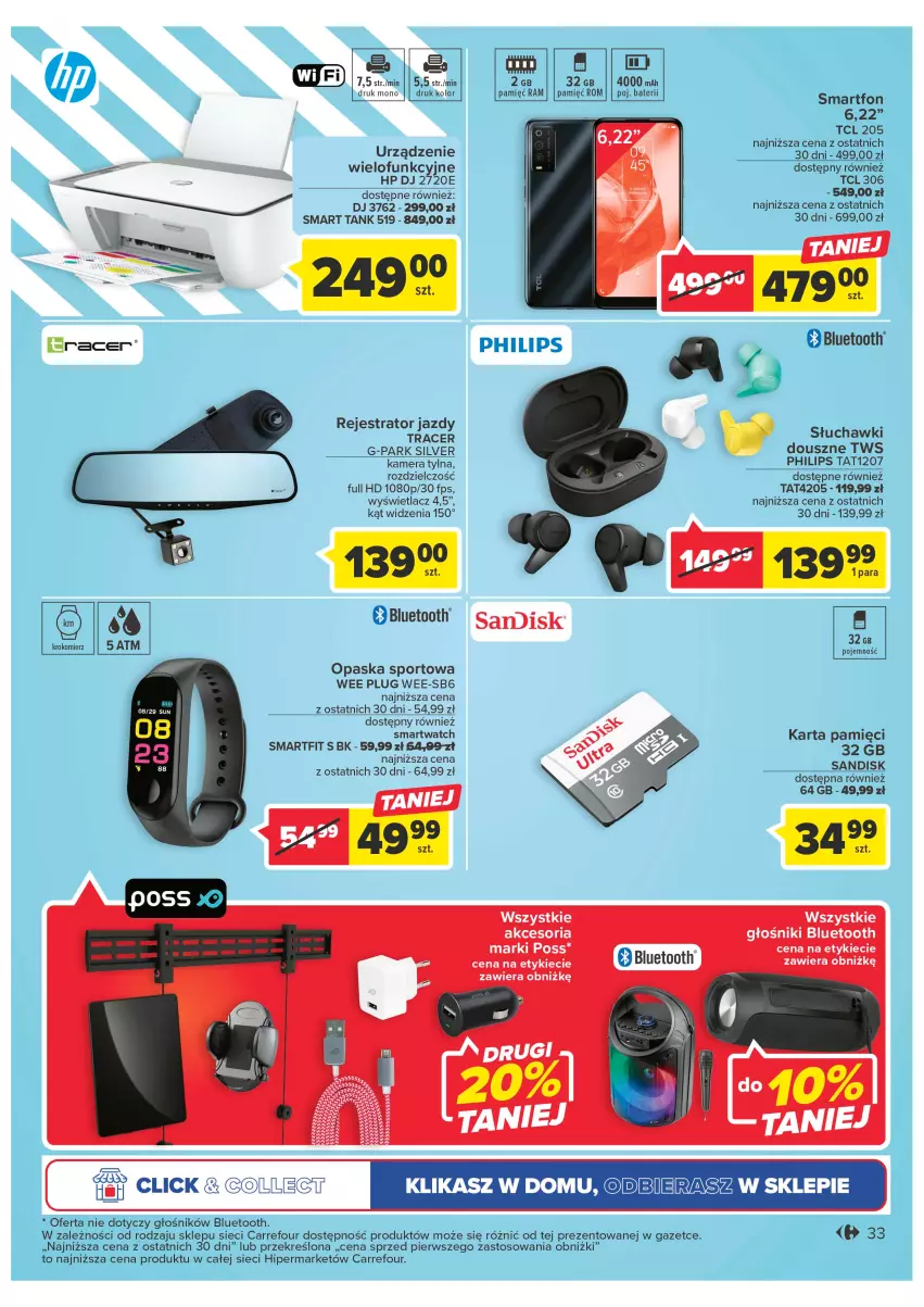 Gazetka promocyjna Carrefour - Gazetka Carrefour - ważna 24.01 do 04.02.2023 - strona 33 - produkty: Acer, Fa, Głośnik, HP, Kamera, Karta pamięci, Krokomierz, Opaska, Philips, Por, Słuchawki, Smartfon, Smartwatch, Sport