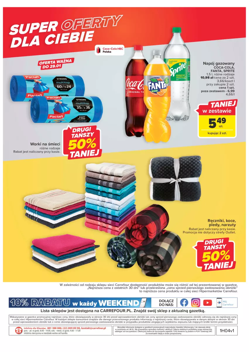 Gazetka promocyjna Carrefour - Gazetka Carrefour - ważna 24.01 do 04.02.2023 - strona 37 - produkty: Coca-Cola, Fa, Fanta, Koc, Kosz, Kret, Napój, Napój gazowany, O nas, Pled, Ręcznik, Sprite, Worki na śmiec, Worki na śmieci