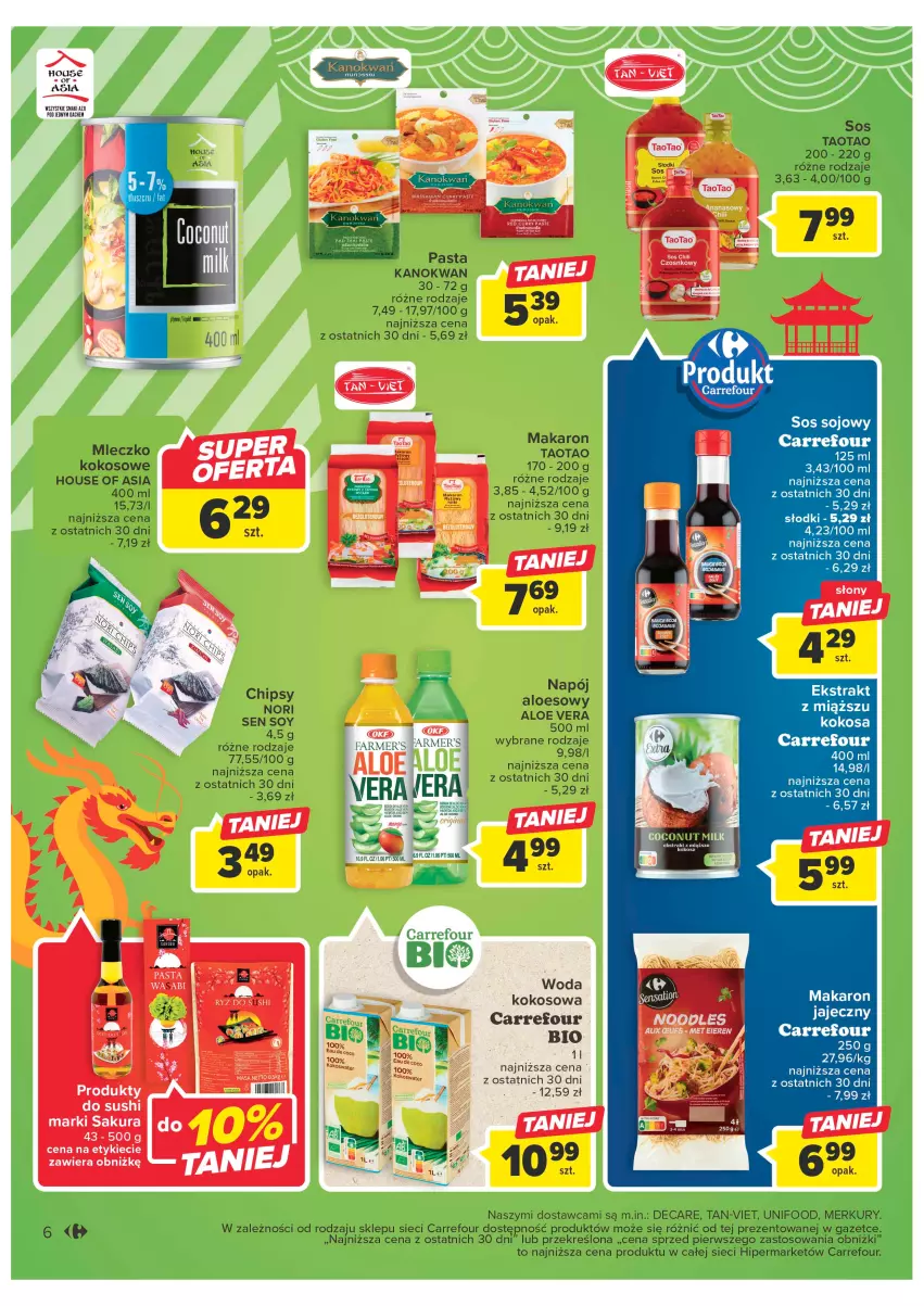 Gazetka promocyjna Carrefour - Gazetka Carrefour - ważna 24.01 do 04.02.2023 - strona 6 - produkty: Aloe vera, Chipsy, Fa, House of Asia, Kokos, Makaron, Mleczko, Napój, Sos, Sushi, TaoTao, Woda