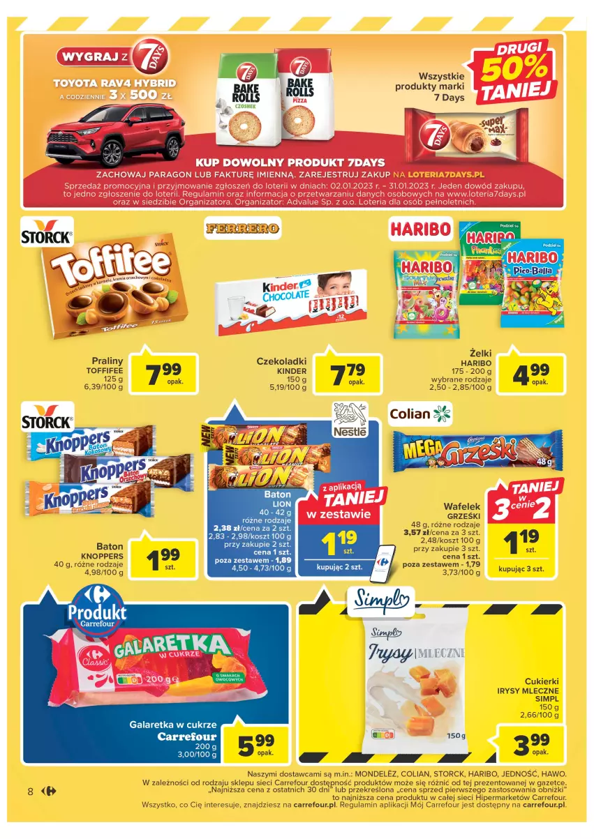 Gazetka promocyjna Carrefour - Gazetka Carrefour - ważna 24.01 do 04.02.2023 - strona 8 - produkty: 7 Days, Baton, Cukier, Cukierki, Czosnek, Gala, Galaretka, Gra, Grześki, Haribo, Kinder, Knoppers, Kosz, Toffifee, Wafelek