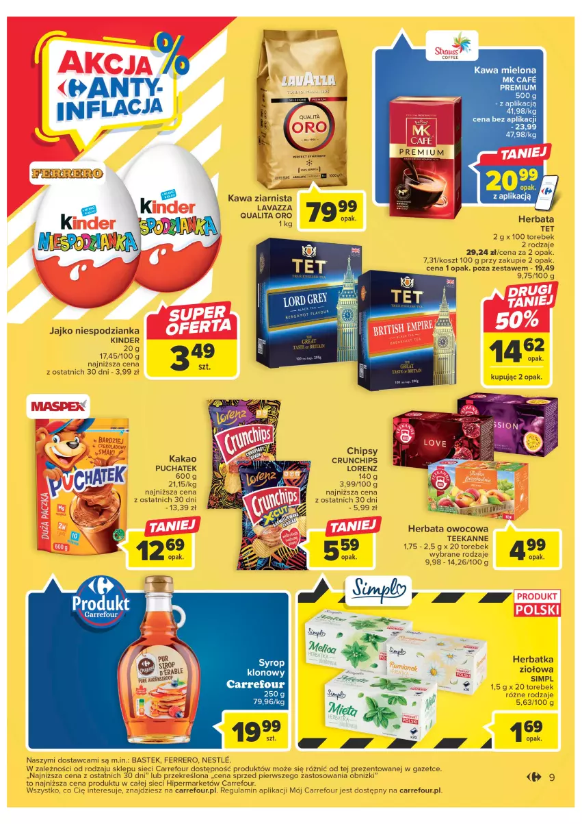 Gazetka promocyjna Carrefour - Gazetka Carrefour - ważna 24.01 do 04.02.2023 - strona 9 - produkty: Brit, Brita, Chipsy, Crunchips, Ferrero, Herbata, Herbata owocowa, Kakao, Kawa, Kawa mielona, Kawa ziarnista, Kinder, Kosz, Lavazza, Lorenz, Stek, Syrop, Teekanne