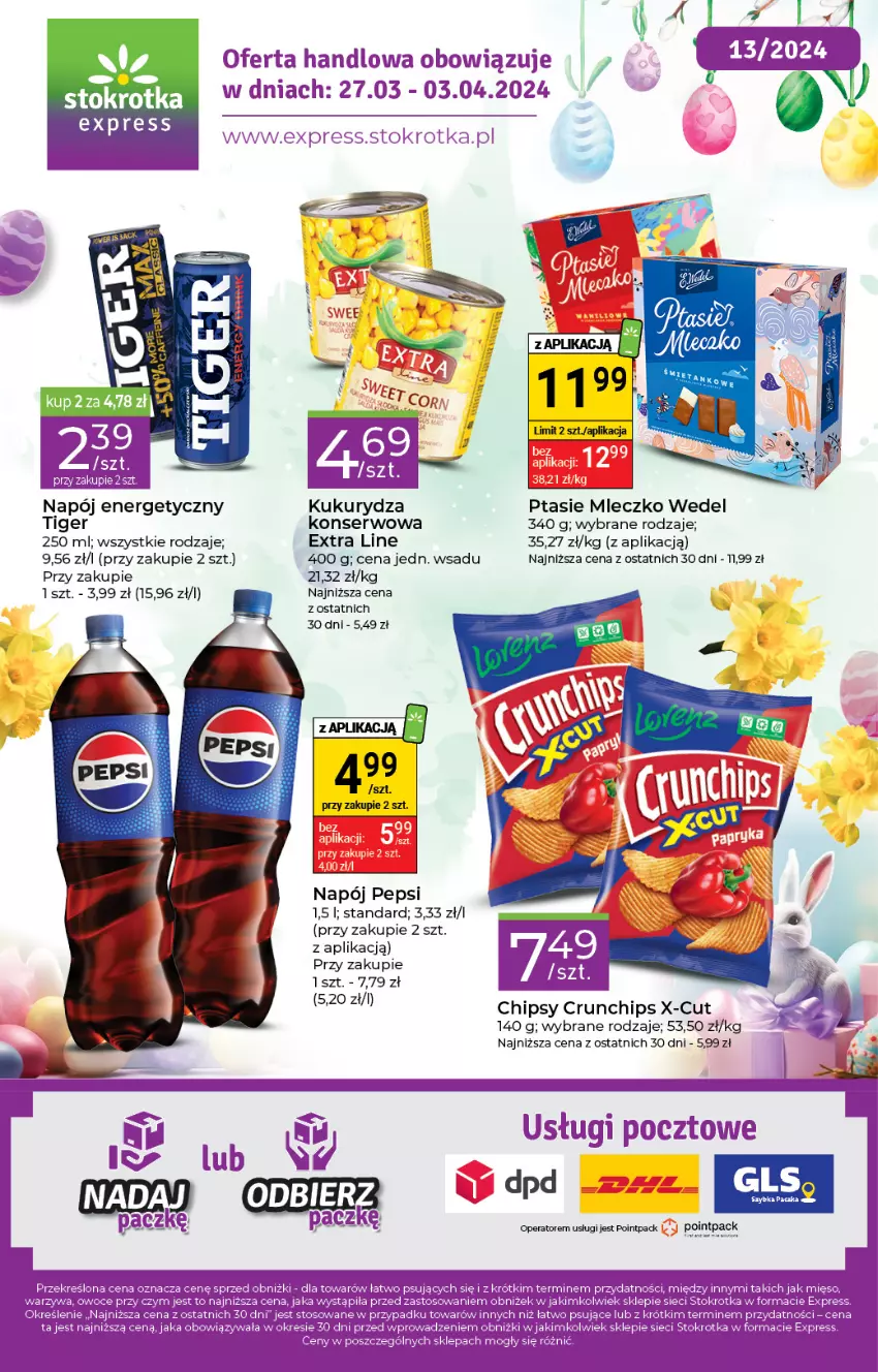 Gazetka promocyjna Stokrotka - Stokrotka Express - ważna 27.03 do 03.04.2024 - strona 1 - produkty: Chipsy, Crunchips, Kukurydza, Mięso, Mleczko, Napój, Napój energetyczny, Owoce, Pepsi, Ptasie mleczko, Ser, Tiger, Warzywa