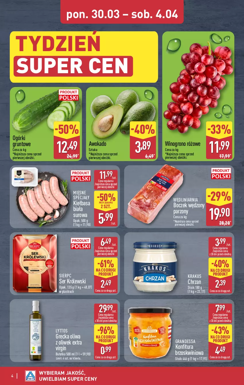 Gazetka promocyjna Aldi - Oferta weekendowa - ważna 02.04 do 04.04.2026 - strona 4 - produkty: Boczek, Chrzan, Gin, Gra, Grunt, Kiełbasa, Kiełbasa biała, Konfitura, Krakus, Królewski, Mięsne specjały, Oliwa z oliwek, Ser, Wino