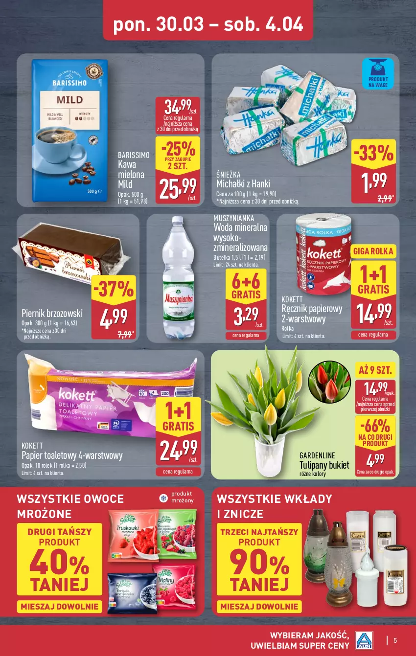 Gazetka promocyjna Aldi - Oferta weekendowa - ważna 02.04 do 04.04.2026 - strona 5 - produkty: Bukiet, Gra, Kawa, Kawa mielona, Michałki, Mus, Muszynianka, Owoce, Papier, Papier toaletowy, Piernik, Ręcznik, Sok, Tulipan, Woda, Woda mineralna, Znicz