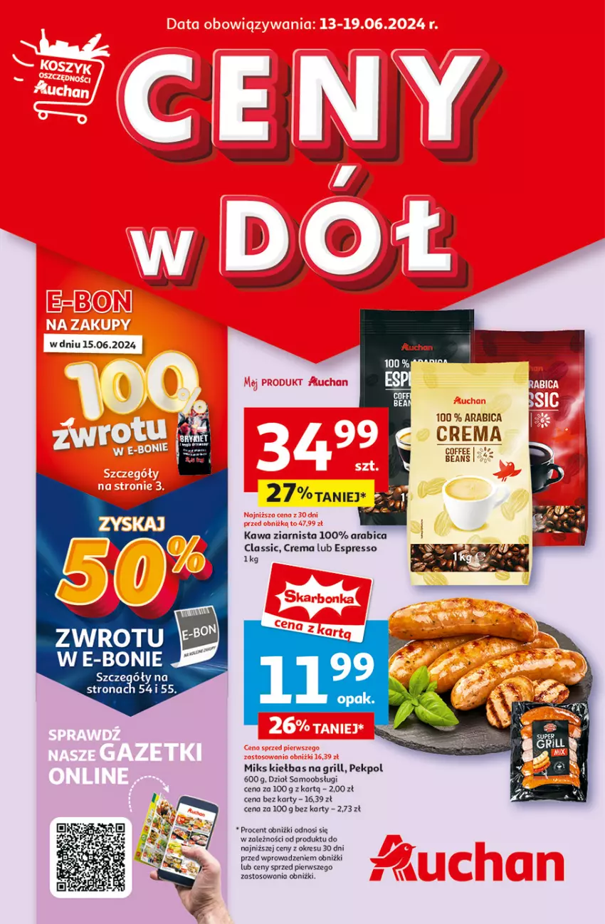 Gazetka promocyjna Auchan - Gazetka CENY W DÓŁ Hipermarket Auchan - ważna 13.06 do 19.06.2024 - strona 1 - produkty: BIC, Grill, Kawa, Kawa ziarnista, Pekpol