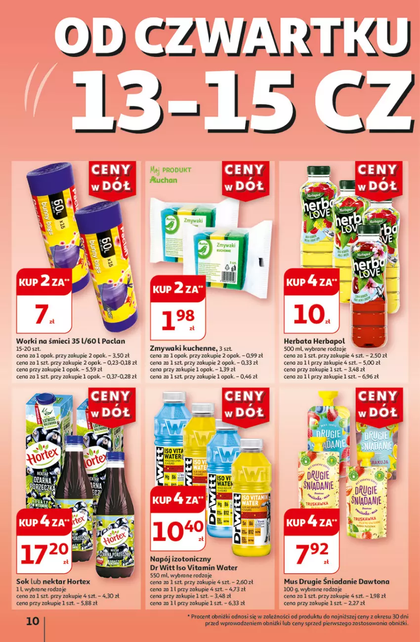 Gazetka promocyjna Auchan - Gazetka CENY W DÓŁ Hipermarket Auchan - ważna 13.06 do 19.06.2024 - strona 10 - produkty: Dawtona, Herbapol, Herbata, Hortex, Mus, Napój, Napój izotoniczny, Nektar, Sok, Worki na śmiec, Worki na śmieci, Zmywaki kuchenne