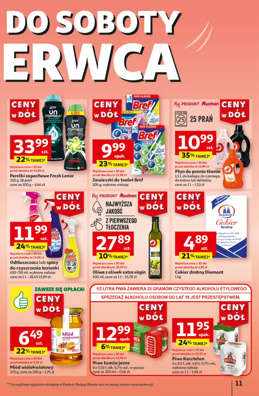 Gazetka promocyjna Auchan - Gazetka CENY W DÓŁ Hipermarket Auchan - ważna 13.06 do 19.06.2024 - strona 11 - produkty: Bref, Cukier, Diamant, Gin, Gra, Kasztelan, Lenor, Miód, Odtłuszczacz, Oliwa z oliwek, Perełki zapachowe, Piwa, Piwo, Spray do czyszczenia, Zawieszki