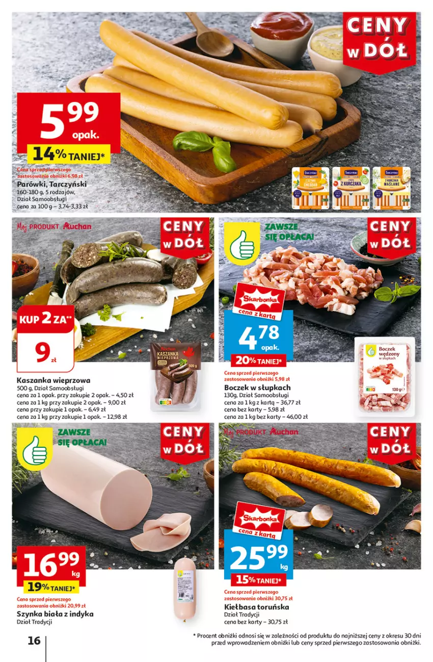 Gazetka promocyjna Auchan - Gazetka CENY W DÓŁ Hipermarket Auchan - ważna 13.06 do 19.06.2024 - strona 18 - produkty: Boczek, Kasza, Kaszanka, Kiełbasa, Parówki, Szynka, Szynka biała, Tarczyński