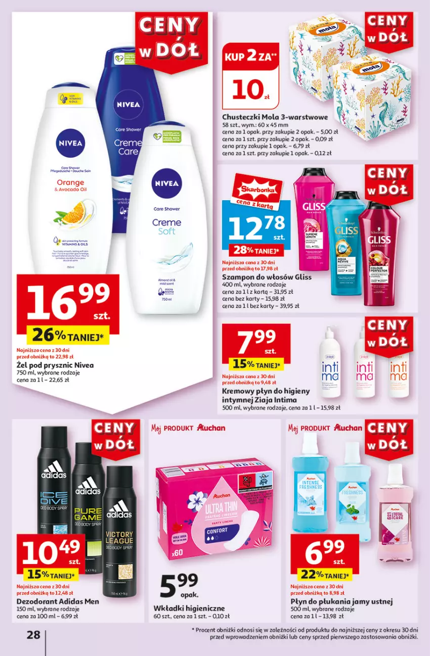 Gazetka promocyjna Auchan - Gazetka CENY W DÓŁ Hipermarket Auchan - ważna 13.06 do 19.06.2024 - strona 30 - produkty: Adidas, Avocado, Chusteczki, Dezodorant, Mola, Nivea, Płyn do higieny intymnej, Płyn do płukania, Płyn do płukania jamy ustnej, Szampon, Wkładki, Ziaja