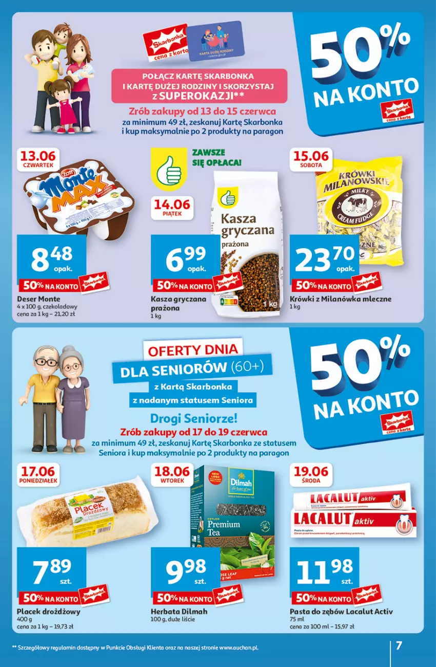 Gazetka promocyjna Auchan - Gazetka CENY W DÓŁ Hipermarket Auchan - ważna 13.06 do 19.06.2024 - strona 7 - produkty: Deser, Dilmah, Gry, Herbata, Kasza, Kasza gryczana, Lacalut, Monte, Rama, Ser