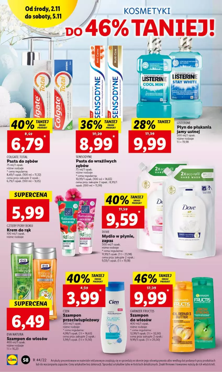 Gazetka promocyjna Lidl - GAZETKA - ważna 02.11 do 05.11.2022 - strona 64 - produkty: Cień, Colgate, Colgate Total, Dove, Fructis, Garnier, Krem do rąk, LG, Listerine, Mydło, Mydło w płynie, Pasta do zębów, Płyn do płukania, Płyn do płukania jamy ustnej, Por, Sensodyne, Szampon