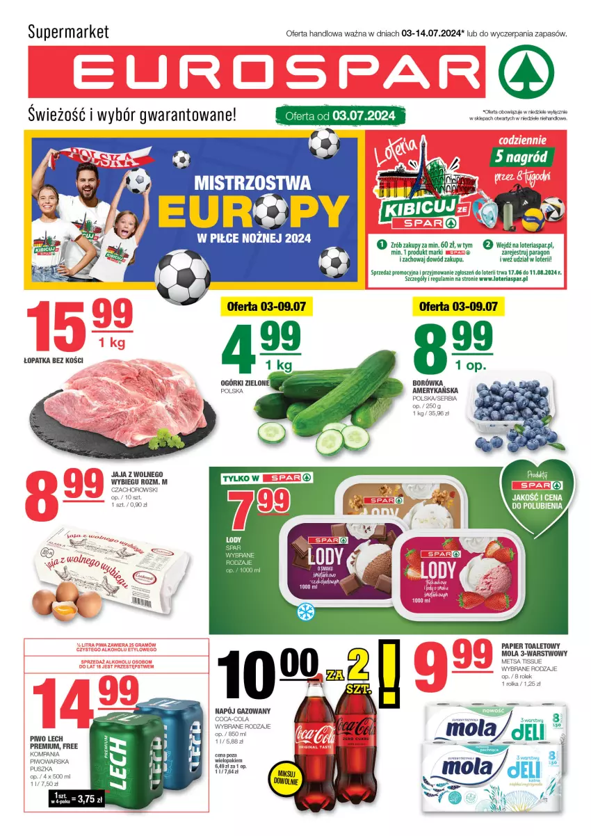 Gazetka promocyjna Spar - EuroSpar - ważna 30.06 do 10.07.2024 - strona 1 - produkty: Borówka, Coca-Cola, Jaja, Jaja z wolnego wybiegu, Mola, Napój, Napój gazowany, Noż, Papier, Papier toaletowy, Piwo, Ser