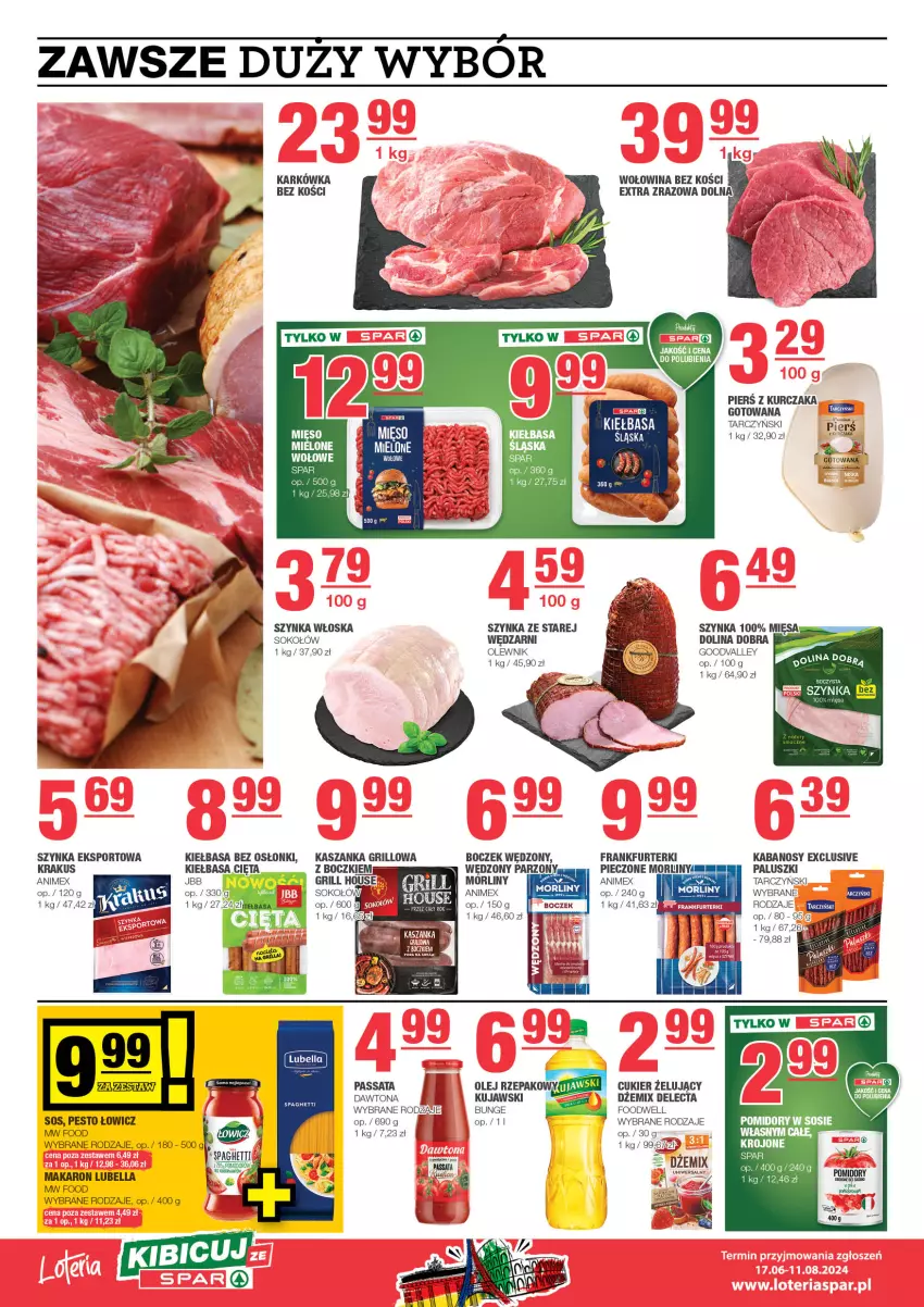 Gazetka promocyjna Spar - EuroSpar - ważna 30.06 do 10.07.2024 - strona 4 - produkty: Bell, Bella, Boczek, Cukier, Dawtona, Delecta, Dżem, Frankfurterki, Grill, Kabanos, Kasza, Kaszanka, Kiełbasa, Krakus, Kujawski, Kurczak, Lubella, Makaron, Morliny, Olej, Olej rzepakowy, Olewnik, Pesto, Piec, Pomidory, Por, Sok, Sokołów, Sos, Spaghetti, Sport, Szynka, Tarczyński, Wołowina, Wołowina bez kości