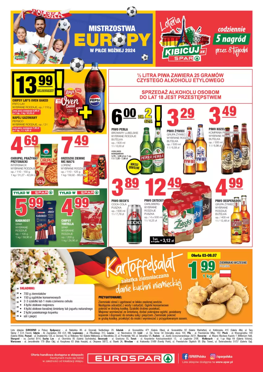 Gazetka promocyjna Spar - EuroSpar - ważna 30.06 do 10.07.2024 - strona 8 - produkty: Carlsberg, Cebula, Chipsy, Chrupki, Coca-Cola, Desperados, Dzieci, Fa, Gra, Jogurt, Kabanos, Kosz, Kozel, Lorenz, Majonez, Noż, Ogórki konserwowe, Orzeszki, Orzeszki ziemne, Pepsi, Perła, Pieprz, Piwo, Przysnacki, Rum, Ser, Sól, Sos, Szal, Ziemniaki