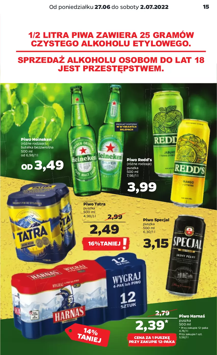 Gazetka promocyjna Netto - Gazetka spożywcza 27.06-02.07 - ważna 27.06 do 02.07.2022 - strona 15 - produkty: Gra, Harnaś, Heineken, Piwa, Piwo, Tatra