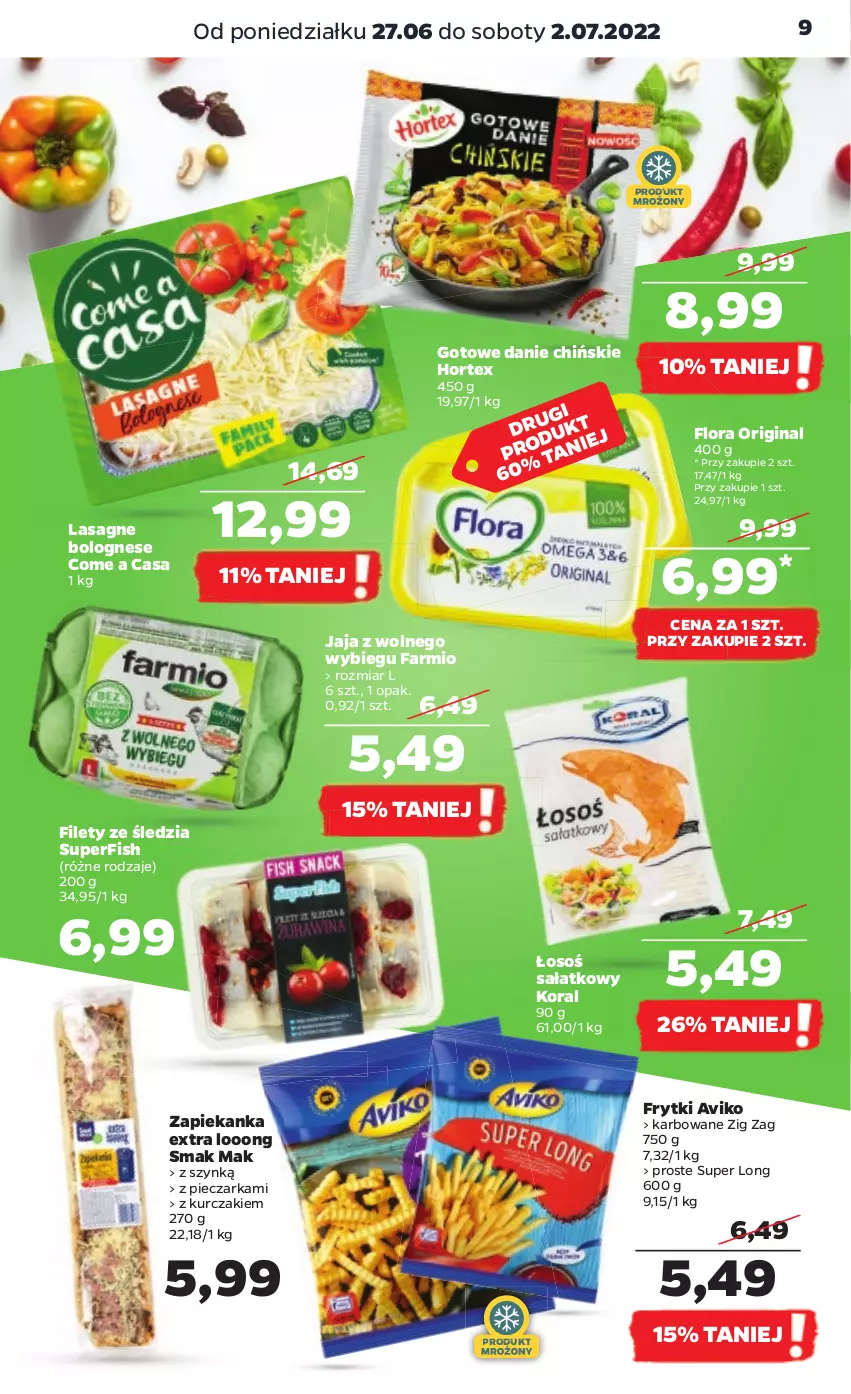 Gazetka promocyjna Netto - Gazetka spożywcza 27.06-02.07 - ważna 27.06 do 02.07.2022 - strona 9 - produkty: Fa, Flora, Frytki, Gin, Hortex, Jaja, Jaja z wolnego wybiegu, Kurczak, Lasagne, Lasagne bolognese, Piec, Pieczarka, Sałat, Zapiekanka