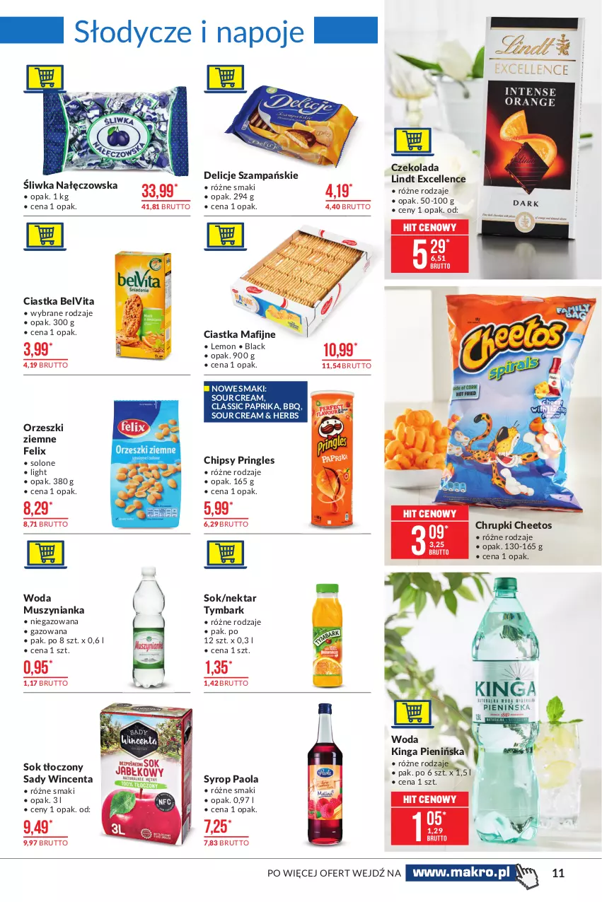 Gazetka promocyjna Makro - [Oferta promocyjna] Artykuły spożywcze - ważna 29.06 do 12.07.2021 - strona 11 - produkty: BelVita, Cheetos, Chipsy, Chrupki, Ciastka, Czekolada, Delicje, Felix, Lack, Lindt, Mus, Muszynianka, Napoje, Nektar, Orzeszki, Orzeszki ziemne, Paola, Pringles, Sok, Syrop, Tymbark, Woda