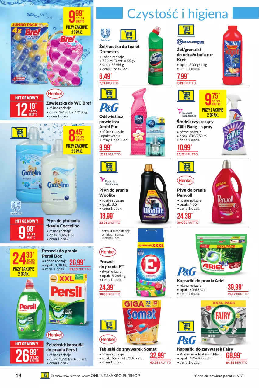 Gazetka promocyjna Makro - [Oferta promocyjna] Artykuły spożywcze - ważna 29.06 do 12.07.2021 - strona 14 - produkty: Ambi Pur, Ariel, Bref, Cillit Bang, Coccolino, Domestos, Fa, Fairy, Gra, Kapsułki do prania, Kret, Odświeżacz powietrza, Persil, Perwoll, Płyn do płukania, Płyn do prania, Proszek do prania, Pur, Somat, Tablet, Woolite, Zawieszka do wc