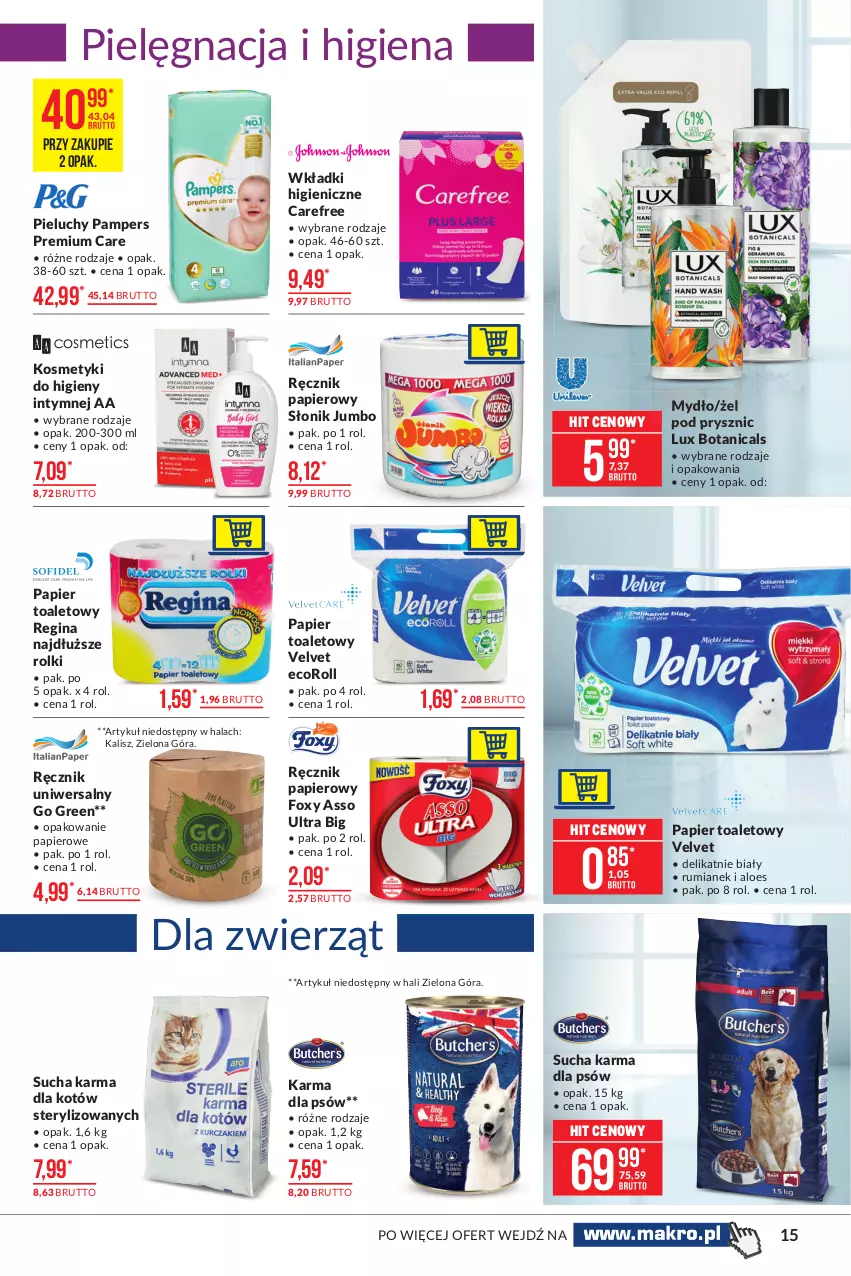 Gazetka promocyjna Makro - [Oferta promocyjna] Artykuły spożywcze - ważna 29.06 do 12.07.2021 - strona 15 - produkty: Carefree, Foxy, Gin, Mydło, Pampers, Papier, Papier toaletowy, Pieluchy, Ręcznik, Rolki, Rum, Sucha karma, Velvet, Wkładki