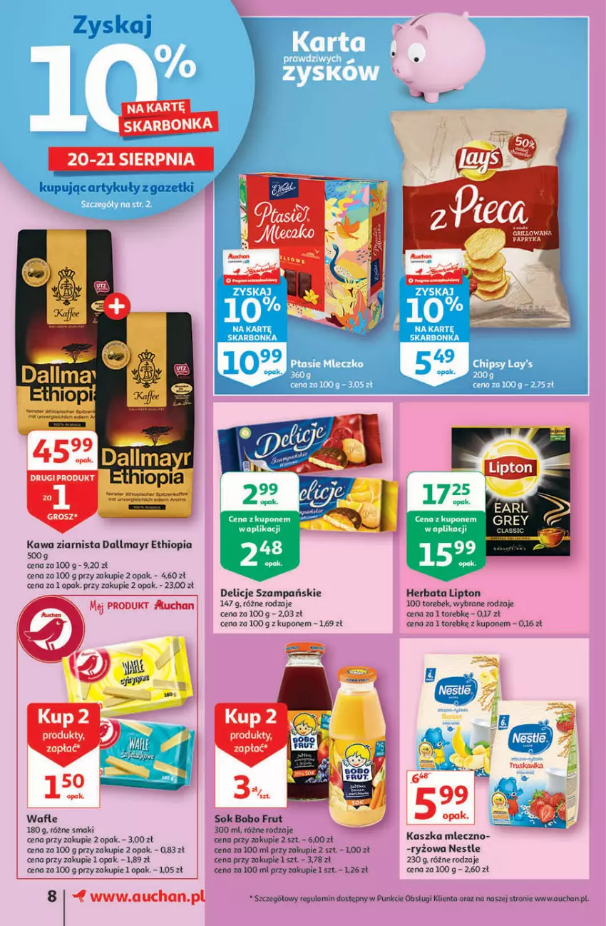 Gazetka promocyjna Auchan - Rysują się supertanie okazje Supermarkety - ważna 19.08 do 25.08.2021 - strona 8 - produkty: Dallmayr, Delicje, Herbata, Kawa, Kawa ziarnista, Lipton, Ryż, Sok, Wafle