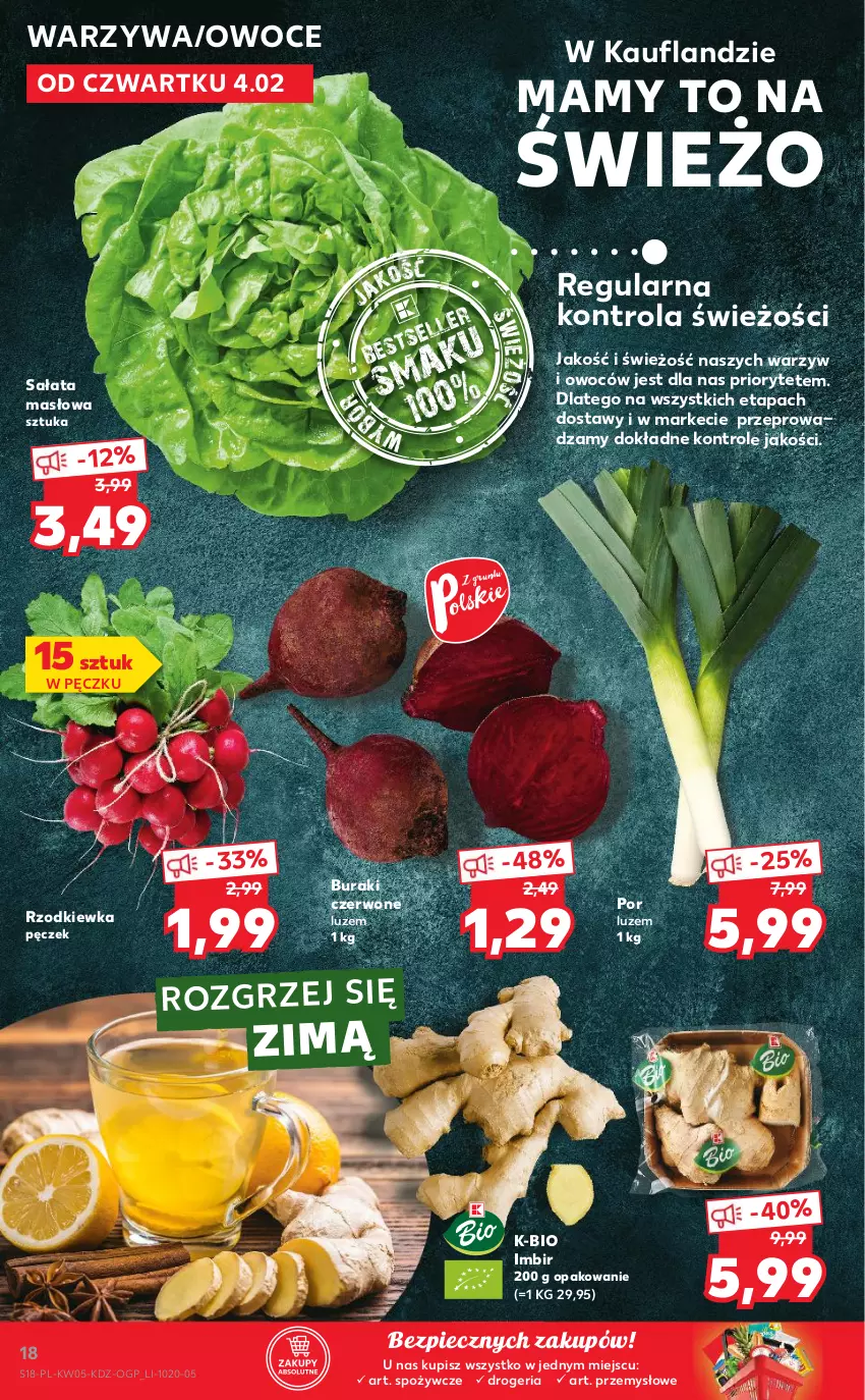 Gazetka promocyjna Kaufland - OFERTA TYGODNIA - ważna 04.02 do 10.02.2021 - strona 18 - produkty: Buraki, Imbir, Masło, Owoce, Piec, Por, Rzodkiewka, Sałat, Sałata masłowa, Warzywa