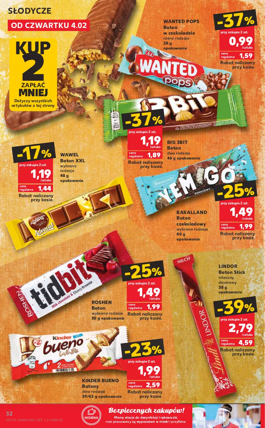 Gazetka promocyjna Kaufland - OFERTA TYGODNIA - ważna 04.02 do 10.02.2021 - strona 32 - produkty: Bakalland, Baton, BIC, Deser, Kinder, Kinder Bueno, Lindor, Piec, Ser, Tera, Wawel