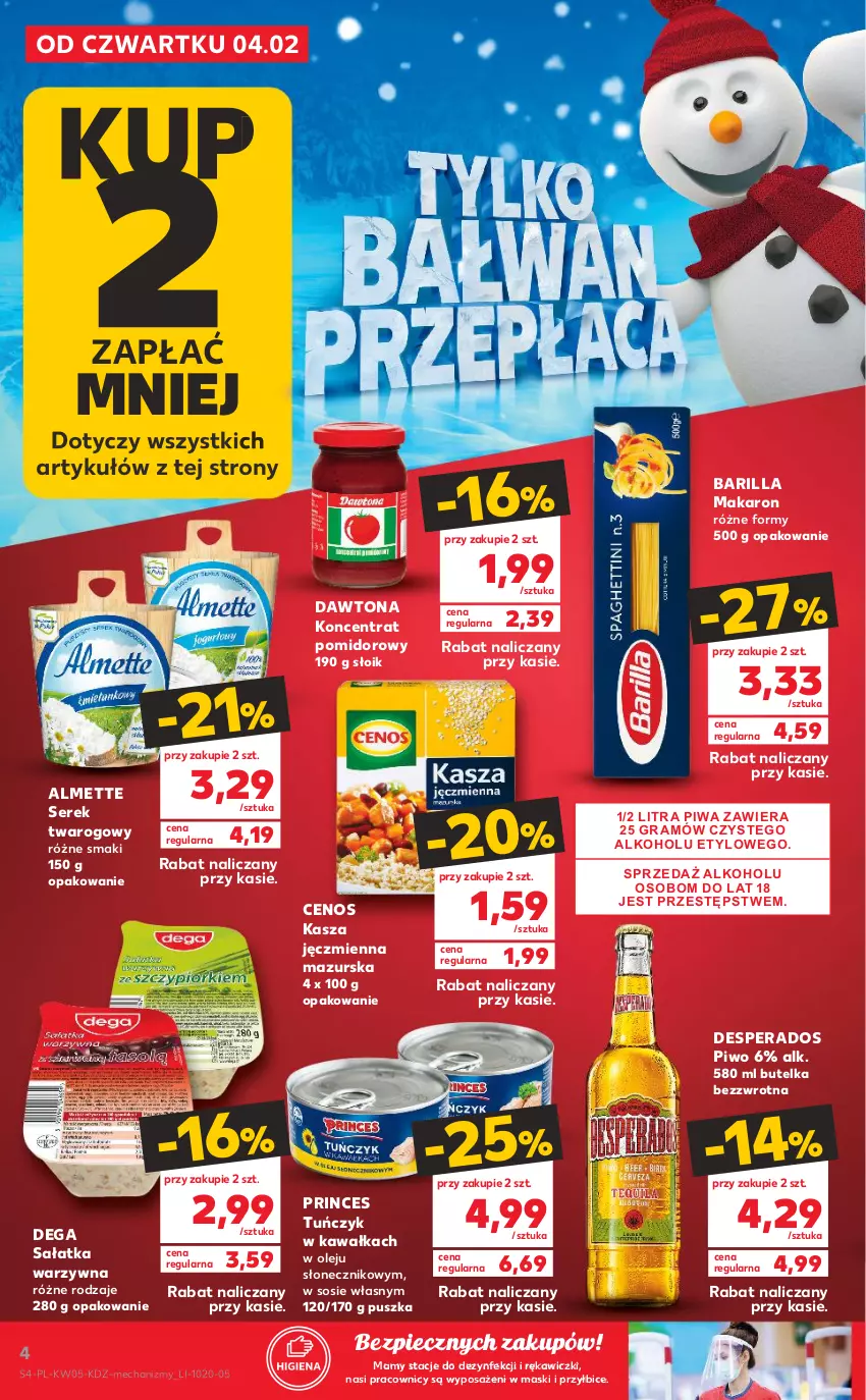 Gazetka promocyjna Kaufland - OFERTA TYGODNIA - ważna 04.02 do 10.02.2021 - strona 4 - produkty: Almette, Barilla, BIC, Cenos, Dawtona, Dega, Desperados, Gra, Kasza, Kasza jęczmienna, Kawa, Koncentrat pomidorowy, Makaron, Olej, Piec, Piwa, Piwo, Sałat, Sałatka, Sałatka warzywna, Ser, Serek, Serek twarogowy, Sos, Tuńczyk